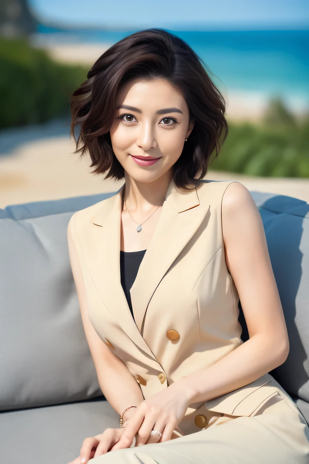 ((highest quality, 8k, masterpiece:1.3)), concentrate:1.2, perfect body beauty:1.4, buttocks:1.2, ((delicate short hair)), (JK suit:1.1) , Beautiful Korean girl with very fine face and skin texture., delicate eyes, double eyelid, whitened skin, smile, wearing a necklace, ring, sitting on the sofa in the background, upper body shooting, eye level photography, canon, stockings, big breasts