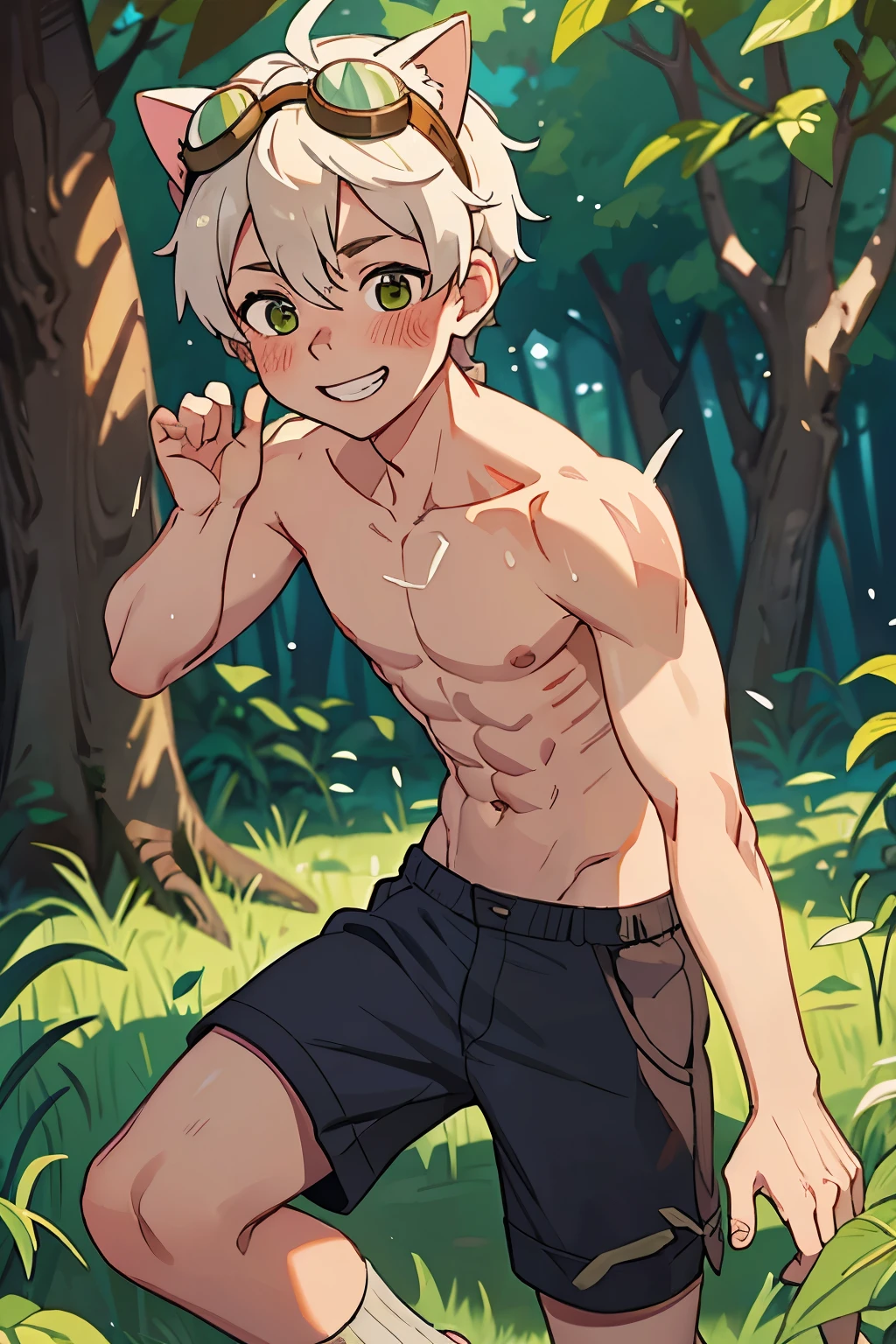 bennett,  in a forest on a picnic, shirtless, shorts, goggles on head, grin smile and blush, cat ear, chiseled abs, sweating