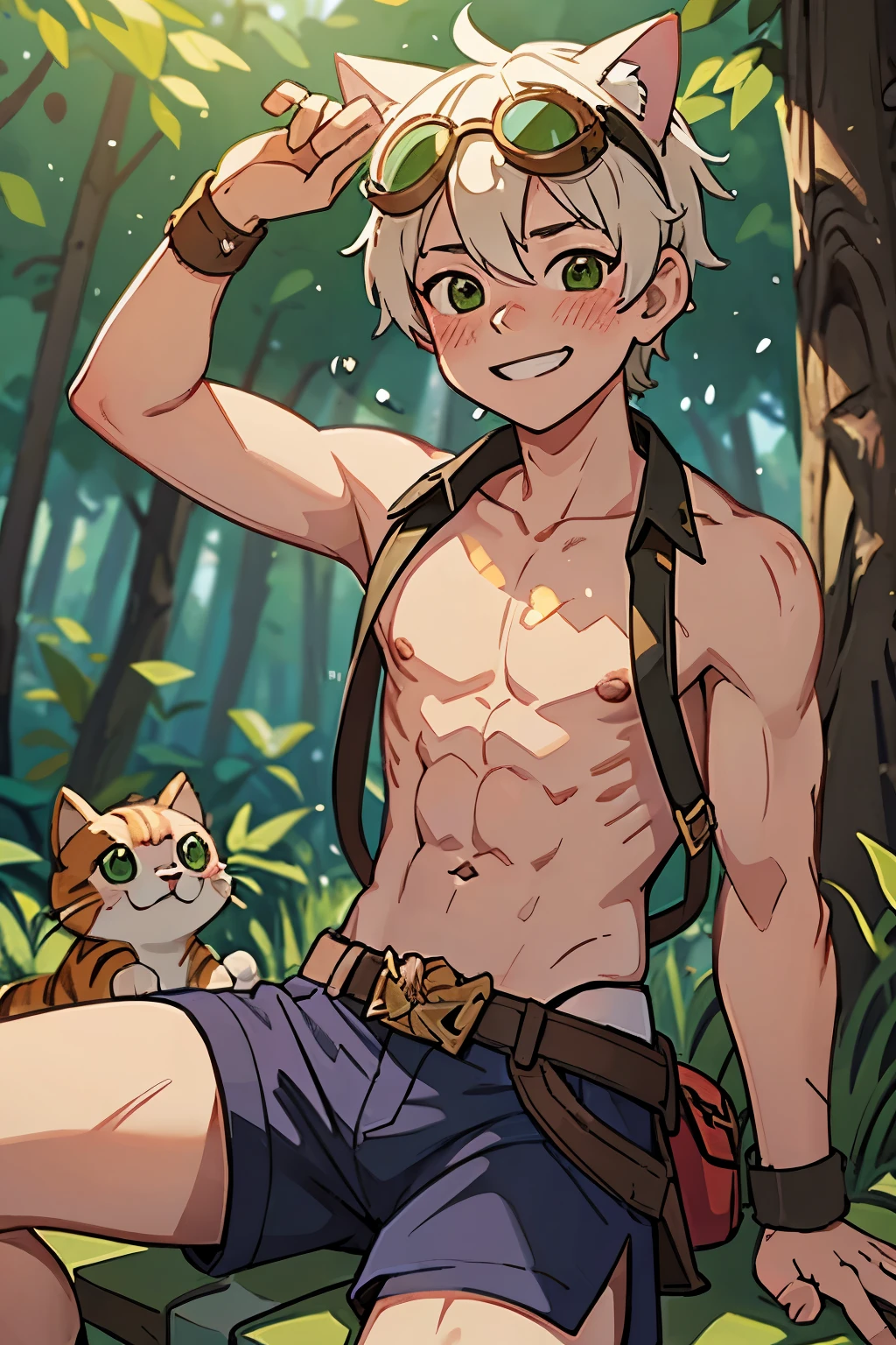 bennett,  in a forest on a picnic, shirtless, shorts, goggles on head, grin smile and blush, cat ear, chiseled abs, sweating