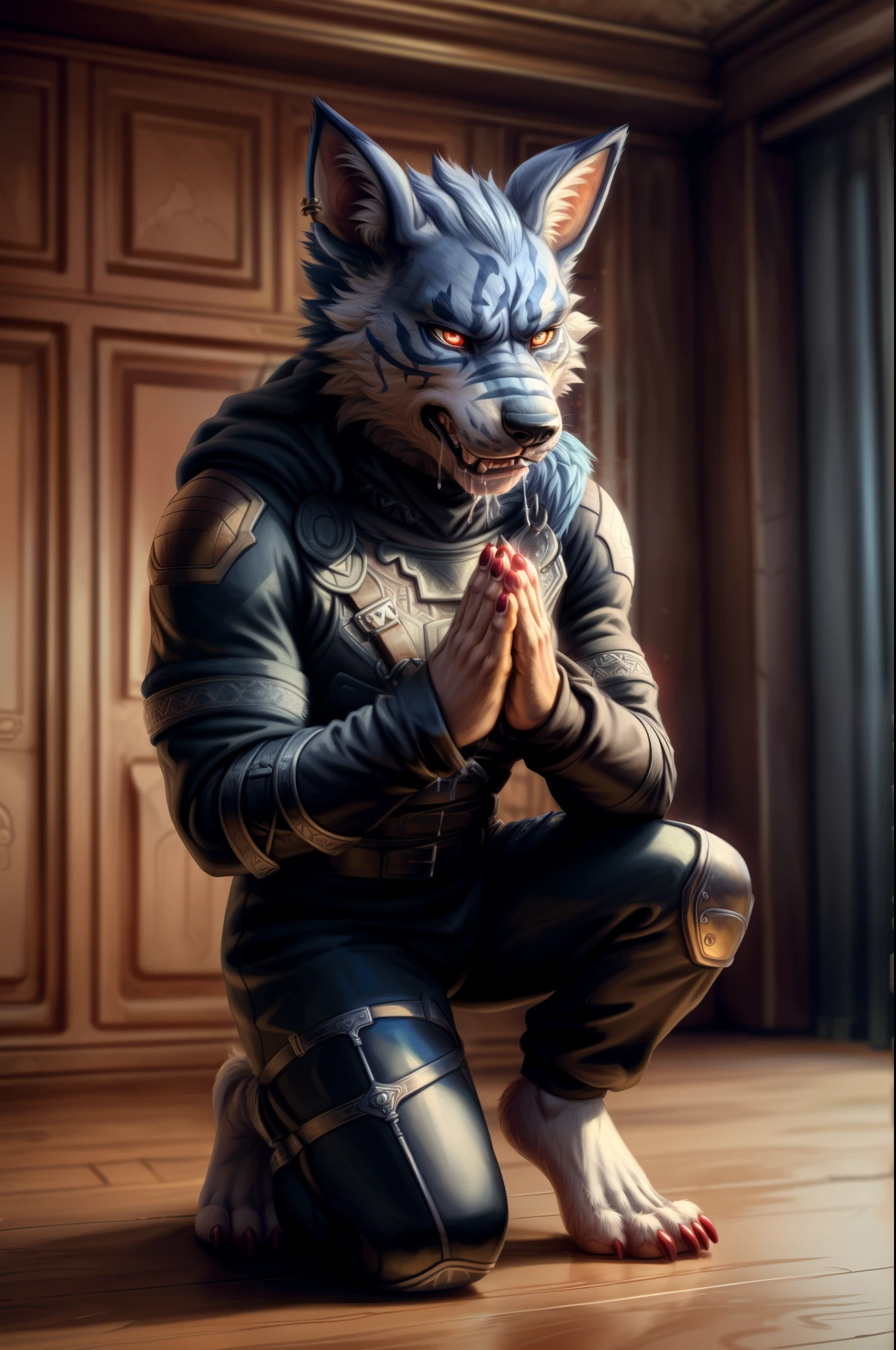 (((Barefoot furry character, full body, cinematic setting, furry male))) 

(((single image)))

Barefoot (hypnotised) WereGarurumon wears ((black ninja suit)), get down on one knee as if praying, detailed paws with claws, blue fur, in a trance, a look of weak resistance to hypnosis on his face, holding head as if he have headache,    (drooling), ((red glow in his eyes)),

BREAK, detailed background (modern lab), 8K, (masterpiece:1.5), intricate details, highly detailed, extreme detail, octane render, fine art, best quality, highres, (detailed face:1.5), ((full_body)), UHD, (((perfect hands)))