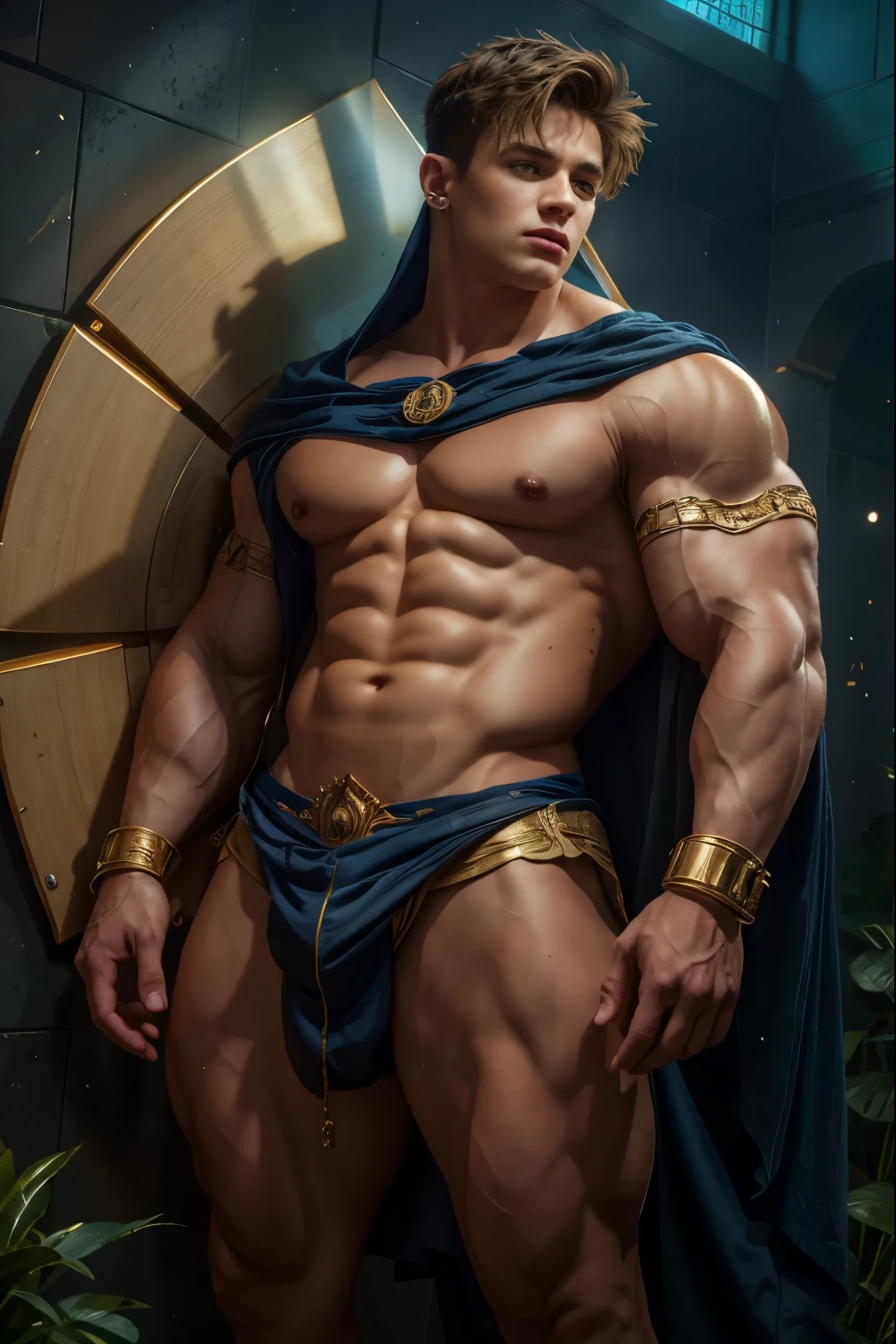 (Obra maestra)), ((Mejor calidad:1.2)), high resolution, 8K, (ultra_realista:1.3), (photorealista:1.4), (Plantilla de Instagram, elegante:1.2), Muscular god Zeus with incredibly huge bodybuilder shape, Zeus tiene un rostro imponente y majestuoso con ojos profundos y penetrantes que parecen chispear con electricidad, una boca ancha y seria, and proportionate ears with well-defined lobes. Posee una nariz recta y prominente, Su cabello es largo ondulado y oscuro con destellos dorados fluyendo en mechones sobre sus hombros y espalda, His body is muscular and athletic with an upright posture that denotes confidence and authority., He usually wears long, flowing tunics adorned with gold details with predominant colors of golden white and blue., Las texturas de su vestimenta son suaves y fluidas evocando elegancia y nobleza, being of imposing stature, surpassing in height the other gods and mortals.