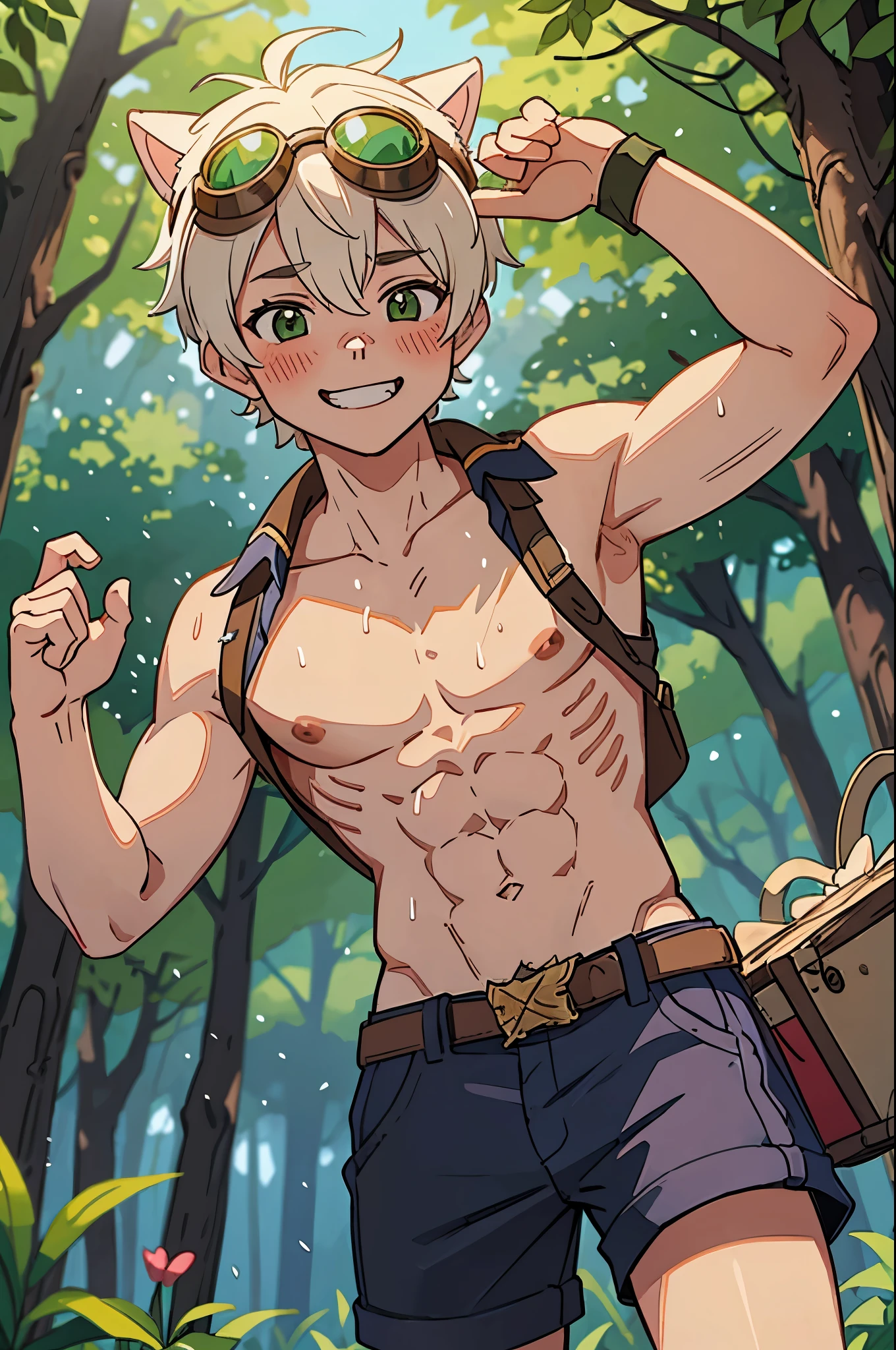 bennett,  in a forest on a picnic, shirtless, shorts, goggles on head, grin smile and blush, cat ear, chiseled abs, sweating