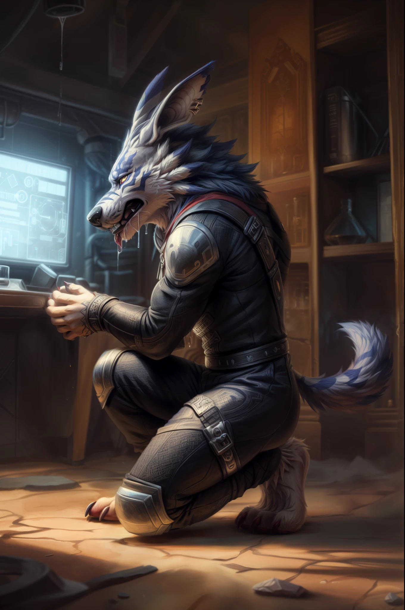 (((Barefoot furry character, full body, cinematic setting, furry male))) 

(((single image)))

Barefoot (hypnotised) WereGarurumon wears ((black ninja suit)), get down on one knee as if praying, detailed paws with claws, blue fur, in a trance, a look of weak resistance to hypnosis on his face, holding head as if he have headache,    (drooling), ((red glow in his eyes)),

BREAK, detailed background (modern lab), 8K, (masterpiece:1.5), intricate details, highly detailed, extreme detail, octane render, fine art, best quality, highres, (detailed face:1.5), ((full_body)), UHD, (((perfect hands)))