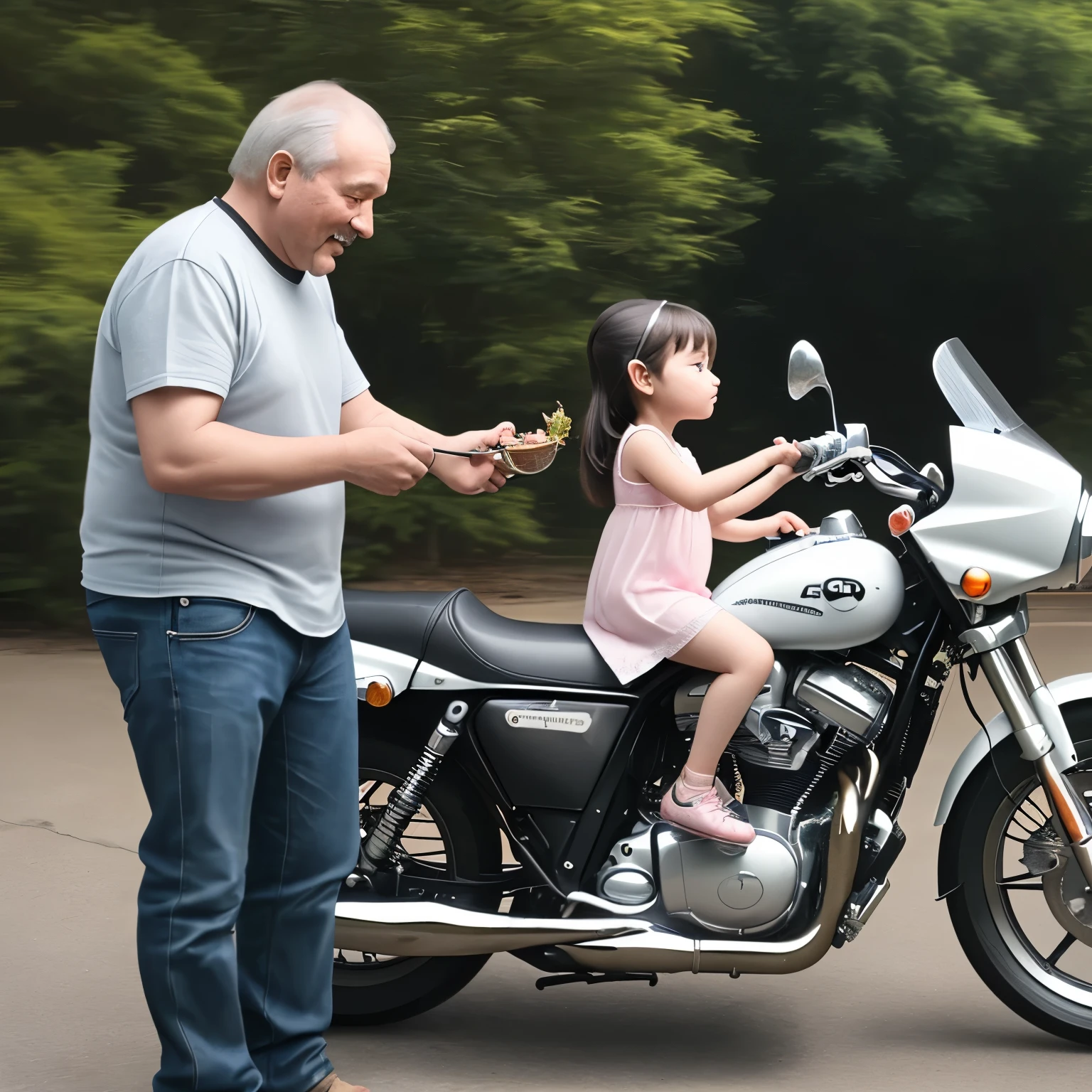 A 3   sitting on her father's motorcycle and her father is feeding her standing beside the motorcycle