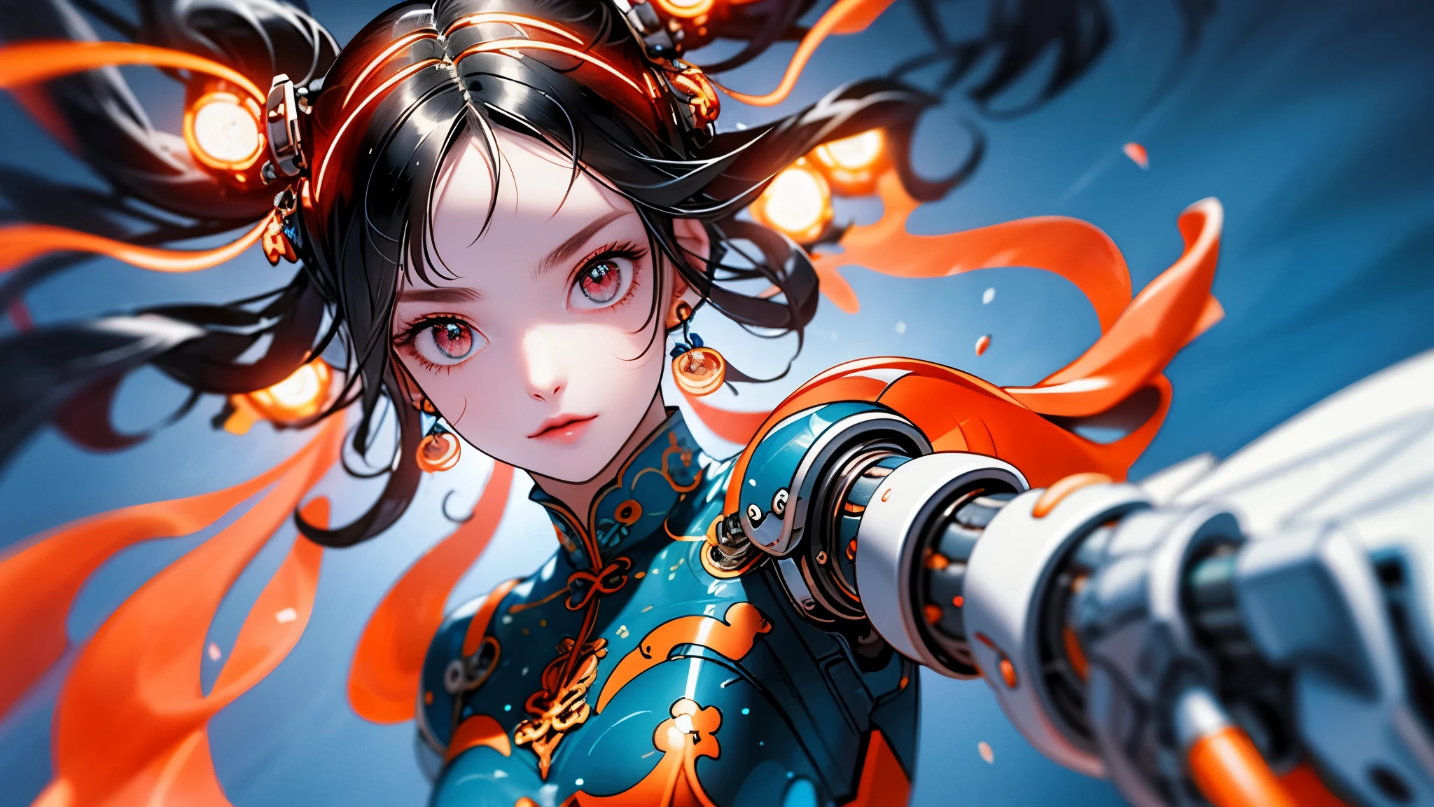 1 chica, CHINO_ropa, liquid silver and Naranja, ciberhan, cheongsam, ciberpunk city, dynamic pose, auriculares luminosos detallados, accesorios para el cabello brillantes, pelo largo, pendientes brillantes, collar brillante, ciberpunk, ciudad de alta Technology, full of mechanical and futuristic elements, futuristic, Technology, bright neon, Naranja, Naranja light, tul transparente, serpentinas transparentes, laser, fondo digital cielo urbano, luna grande, with vehicles, Mejor calidad, Obra maestra, 8K, luz de borde de personaje, super high detail, Alta calidad, la mujer mas bella del ser humano, micro sonrisa, face facing forward and left and right symmetry, ear decoration, hermosas pupilas, Efectos de luz, datos visuales, pelo blanco plateado, Super detailed facial texture