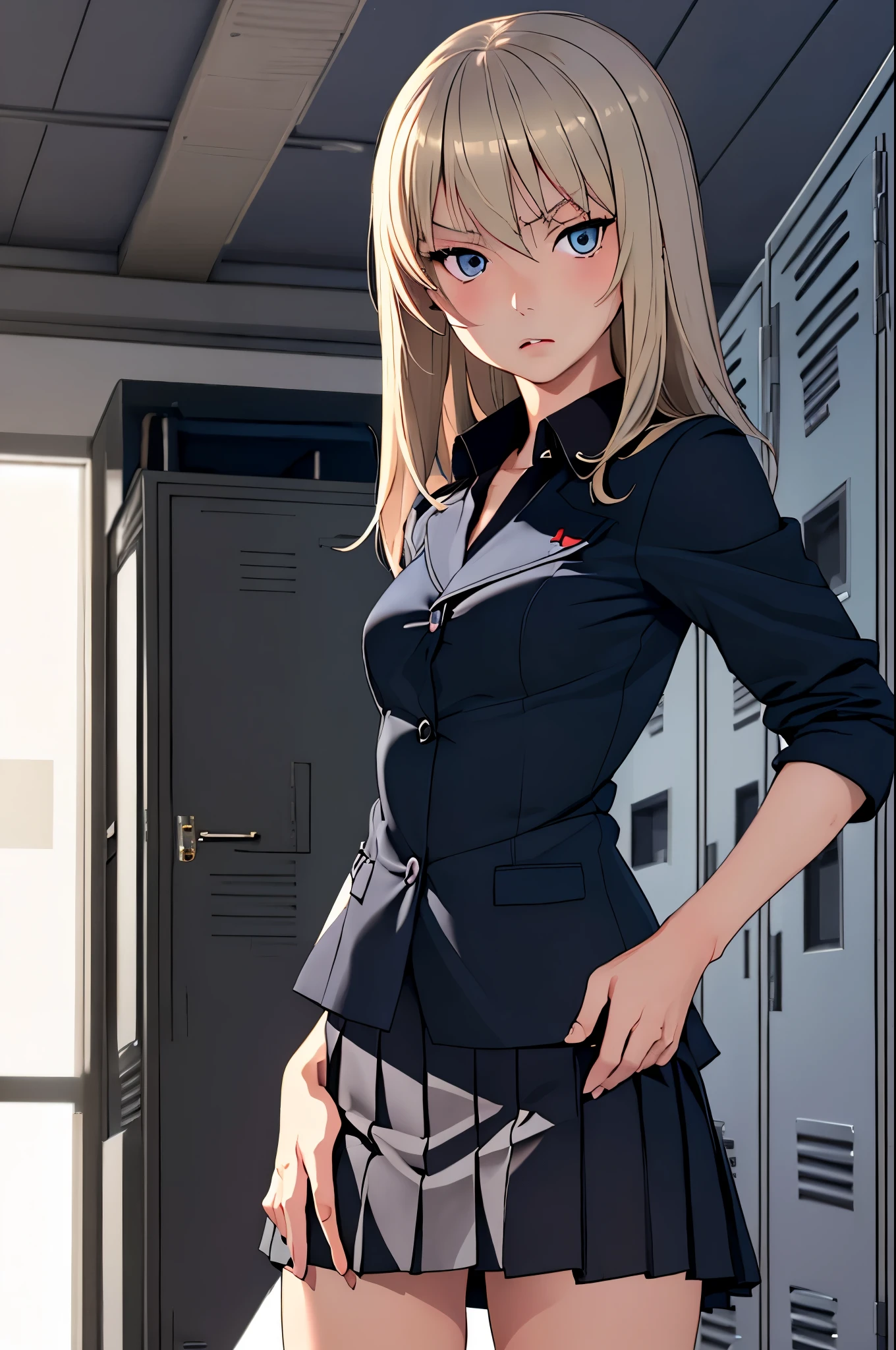 masterpiece, best quality, Itsumi Erika, 1girl, ashen blonde hair, blue eyes, solo, small breasts, naked body, skirt, topless, black jacket, jacket opened, standing frontally, looking at viewer, expressionless, whole body can be seen, school locker room, detailed hands, five fingers