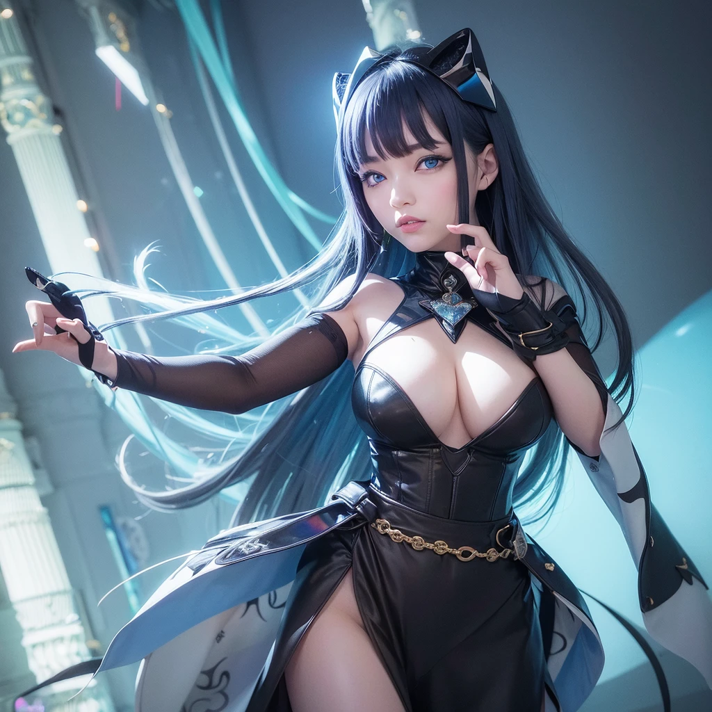 masterpiece, best quality,highres, 1girl, look_at_viewer, tall, perfect stature, liuli,bangs, chromatic dispersion, tansparent_plastic, Polychromatic prism effect, iridescence/opalescence, glowing colors, aluminum foil, Glowing ambiance,, moonlight,  hearts in the eyes, vampire style, black dress, blue eyes, prism around