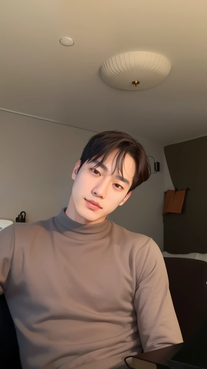 there is a man sitting in a chair with a laptop, homem sul-coreano, he is wearing a brown sweater, adorable and pale korean face, Jimin\the right eyelid is swollen, young lovely korean face, short hair on top of the head, he has an elongated head shape, inspirado em jeonseok lee, menino musculoso coreano de 2 a 1 anos, Jungkook