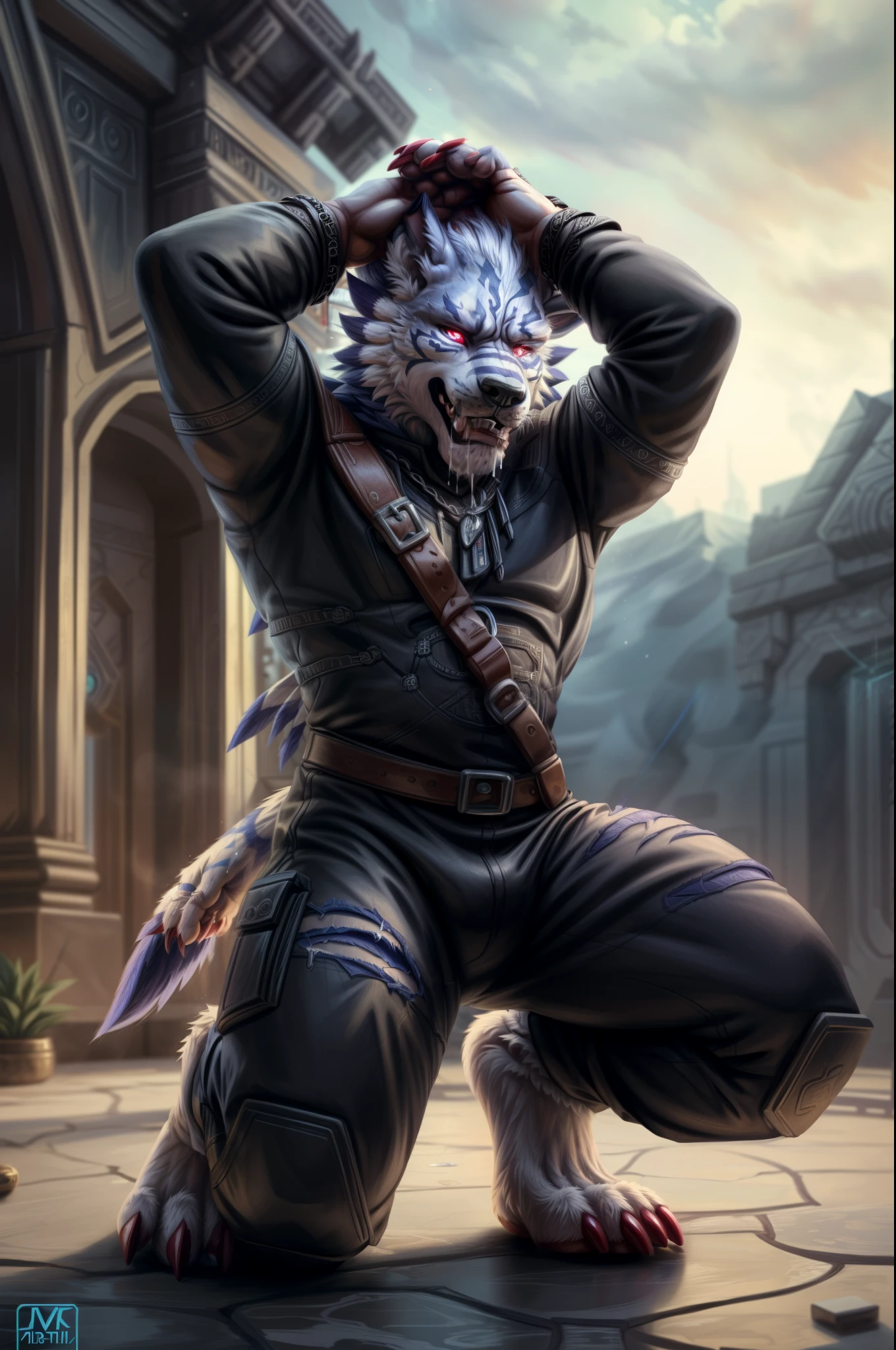 (((Barefoot furry character, full body, cinematic setting, furry male))) 

(((single image)))

Barefoot (hypnotised) WereGarurumon wears ((black ninja suit)), get down on one knee as if praying, detailed paws with claws, blue fur, in a trance, a look of weak resistance to hypnosis on his face, holding head as if he have headache,    (drooling), ((red glow in his eyes)),

BREAK, detailed background (modern lab), 8K, (masterpiece:1.5), intricate details, highly detailed, extreme detail, octane render, fine art, best quality, highres, (detailed face:1.5), ((full_body)), UHD, (((perfect hands)))