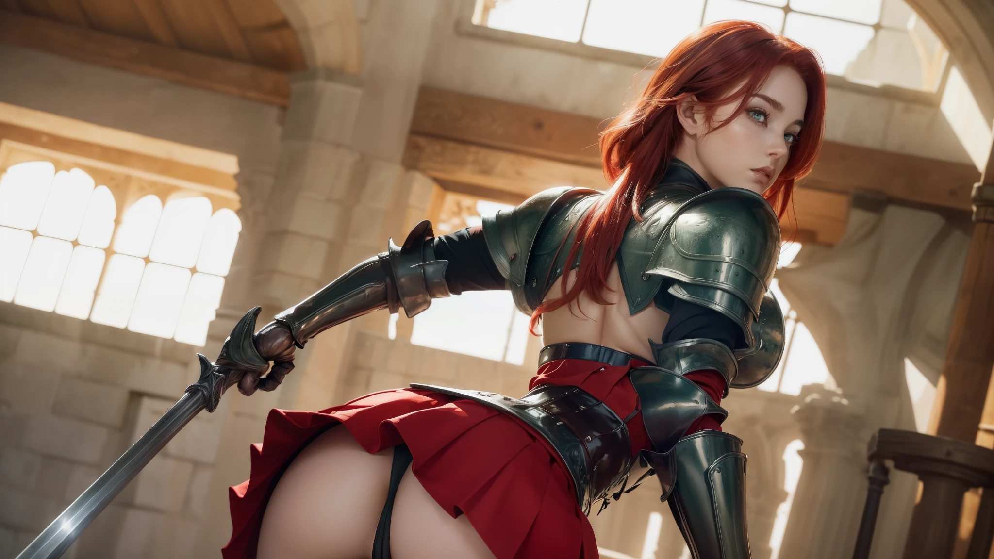 ((A red-haired warrior, from the back, wearing a short skirt at her butt, showing her butt, shot from below, wearing plate armor, steel gauntlets, steel gloves and steel cuirass, looking back, wearing a skirt)), very detailed skirt, (she doesn't wear underwear, skirt showing big stuffed, pert, round ass, pussy showing, smooth pussy showing from below, (skirt up), wind lifting skirt, sexy possession), medieval fantasy, d&d, RPG, masterpiece, best quality, 8K, ultra realistic. The most desired girl in the world has transcendental beauty, with expressive eyes, light green eyes, arched eyebrows, sensual lips and radiant skin. Her facial structure is symmetrically perfect, with delicately sculpted cheekbones and a refined chin.