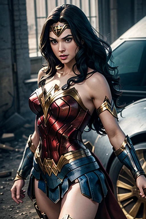 Design an image of Wonder Woman in her armored Justice League outfit