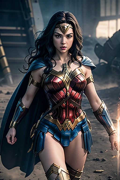 Design an image of Wonder Woman in her armored Justice League outfit