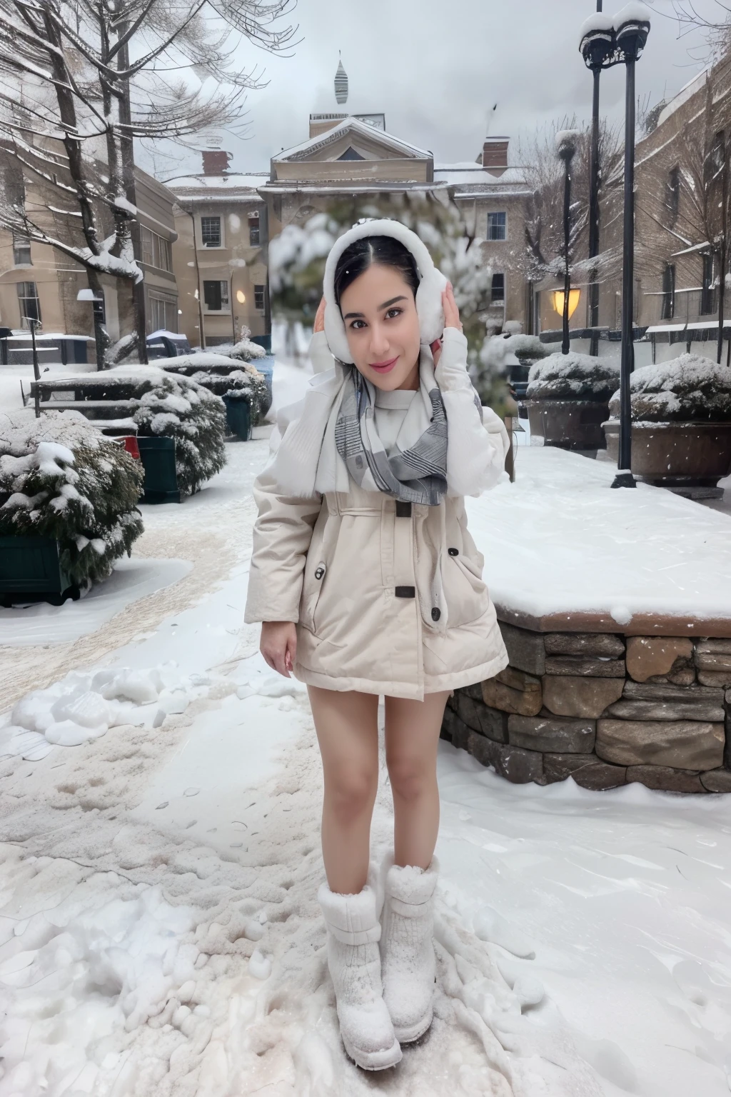 araffe wearing a white coat and scarf in the snow, in snow, pale-skinned persian girl, in the snow, beautiful iranian woman, cold as ice! 🧊, full body:: snow outside::, only snow in the background, standing in the snow, in the snow mountains, covered in snow, in winter, beautiful winter clothes