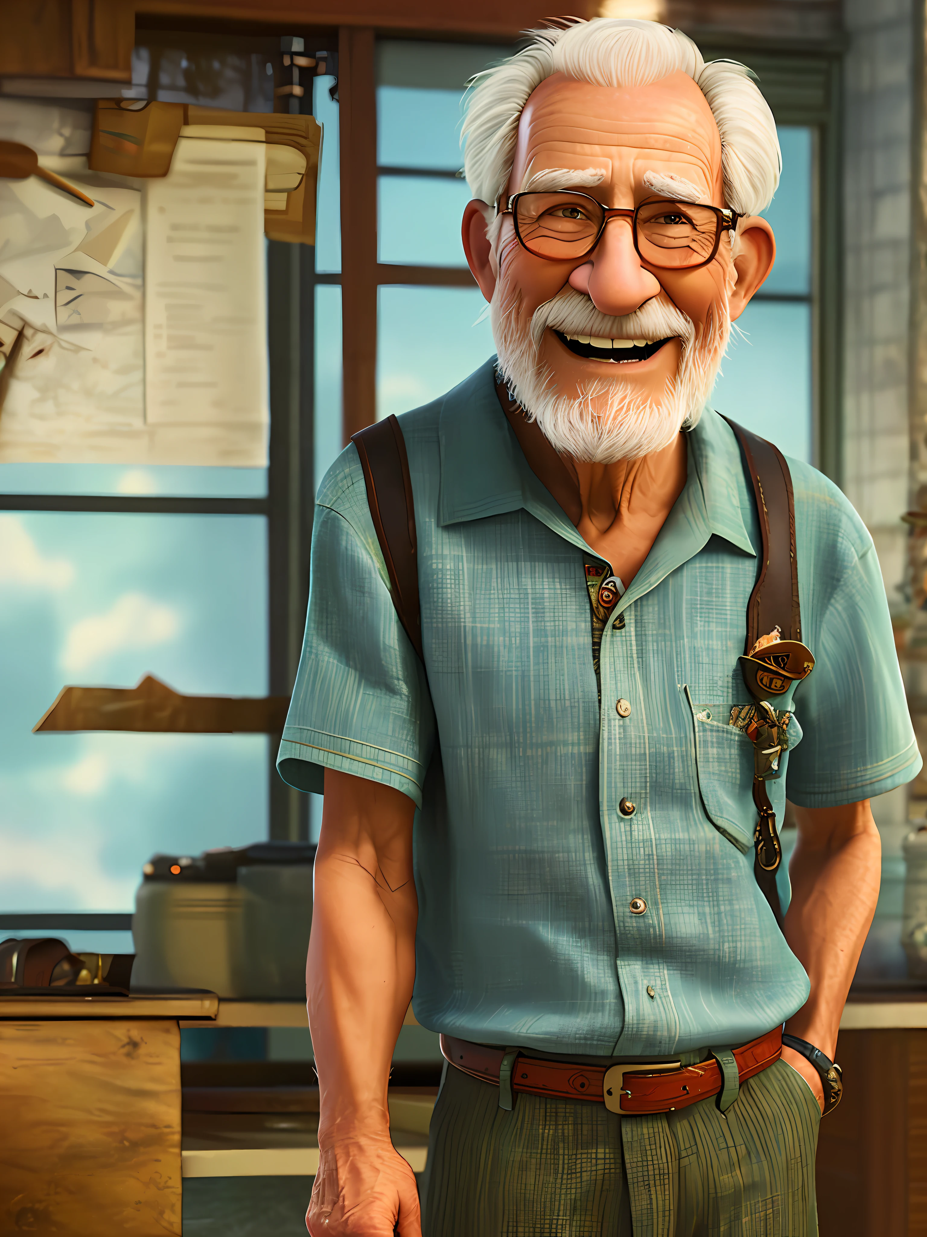 Pixarstyle Um retrato na altura da cintura de um homem idoso com roupas sociais, sorriso, textura natural da pele, Texturas 4k, hdr, intricado, altamente detalhado, sharp focus, cinematic appearance, Hiper-detalhado