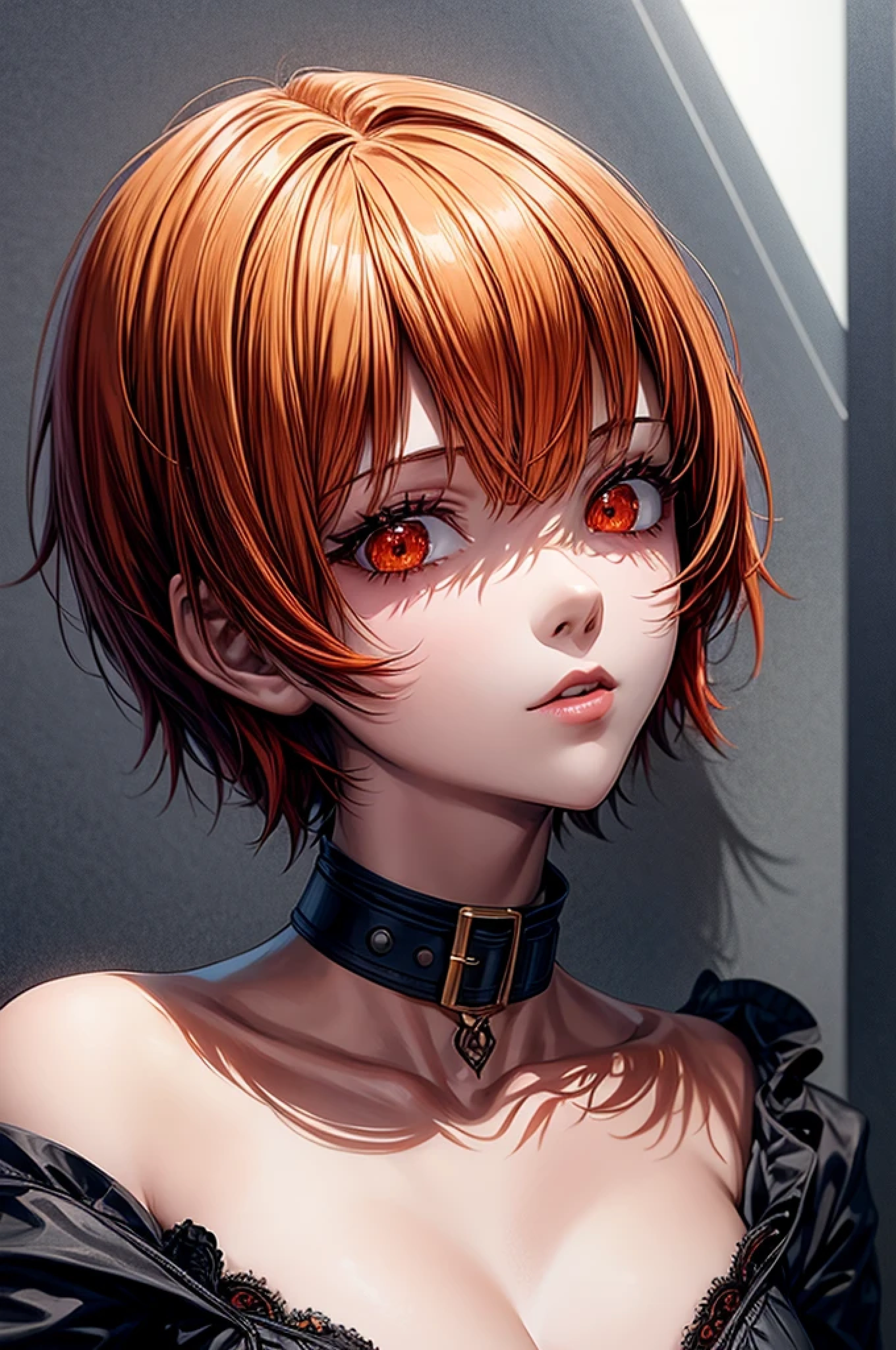 masterpiece, best quality, 1girl, red eyes, orange hair, ((short hair)), ((orange hair)), gothic, choker, slit eyes, face close up,