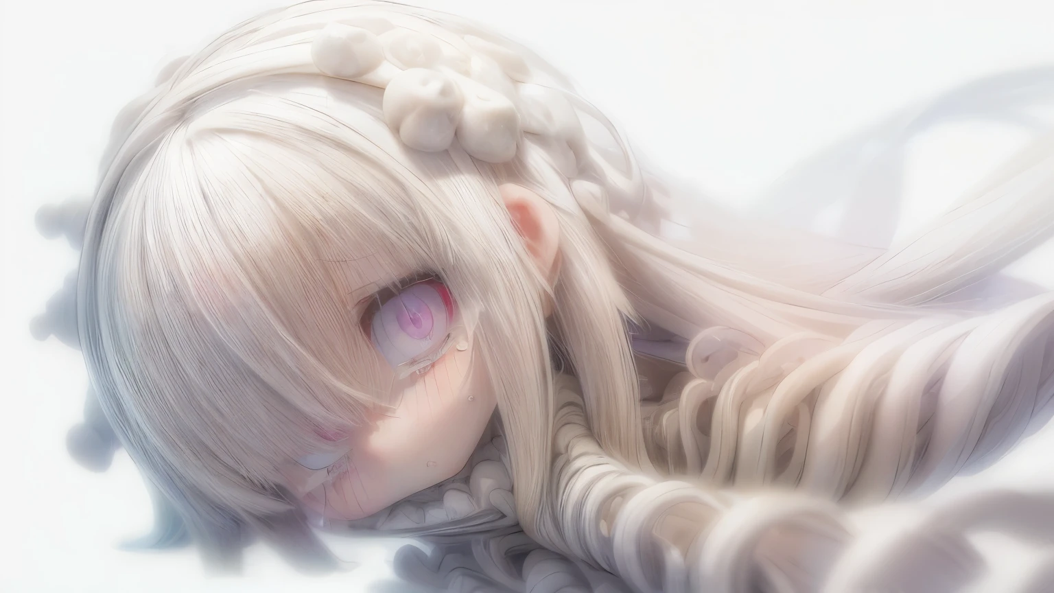 ((Masterpiece)), (Anime:1.3), ((best quality)), (abstract art:1.5), (High Definition), (pale color), wide shot, (fractal structure:1.5), (simple white background:1.6), landscape, (Beautiful), (Biological atmosphere), deep sea, (cute girl), (hollow eyes), beautiful white hair, (Crying), ((eyes trickle down)),