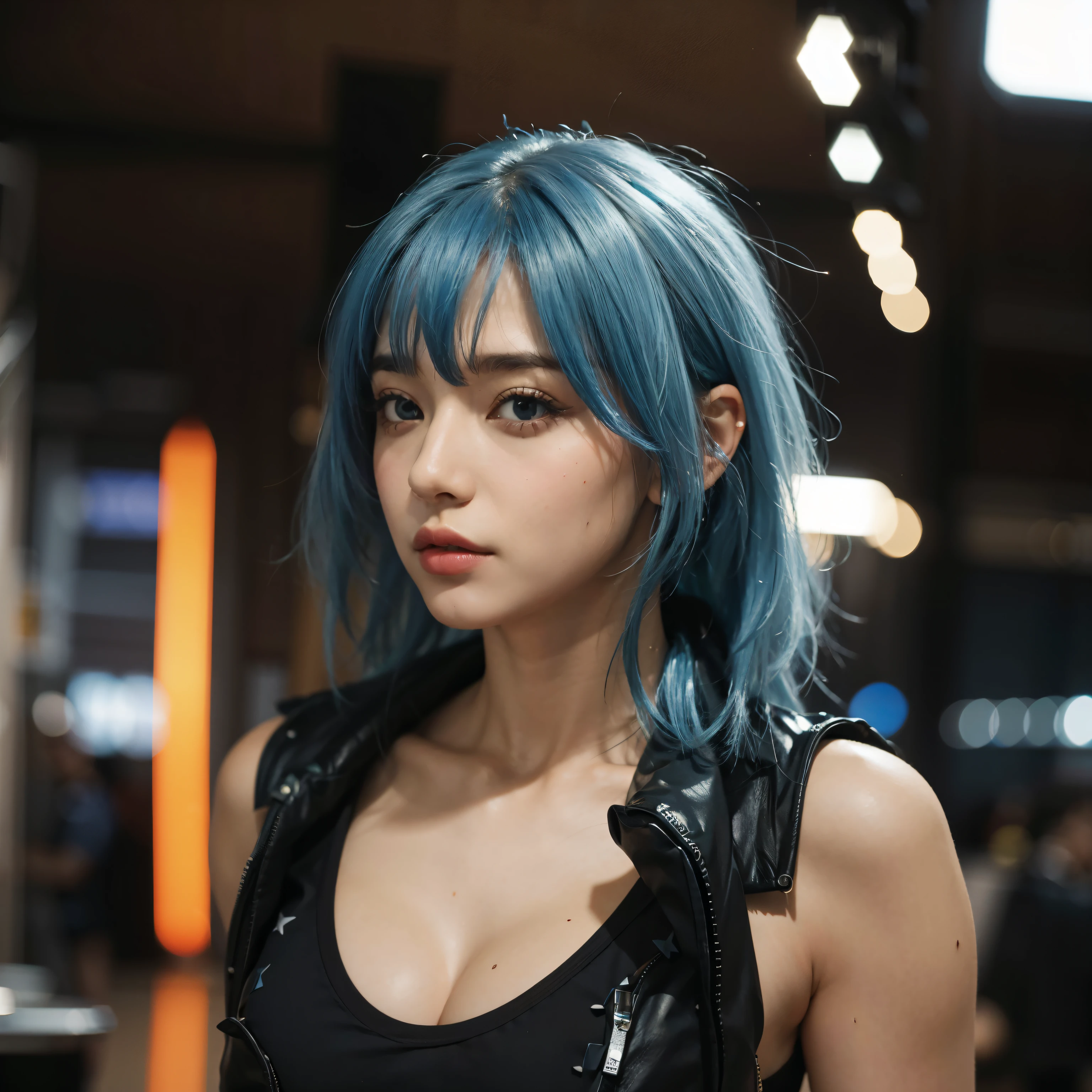 araffe with blue hair and black top standing in a room, pretty girl com cabelo azul, garota de realistica na vida real, girl com cabelo azul, lindo rosto de garota punkrock, linda garota de cabelo azul, beautiful woman com cabelo azul, mulher de cabelo azul curto, 8k art german bokeh, retrato de mulher anime, retrato suave fotografado em 8k, com cabelo azul, usando bikini de praia bem sexy e seios medianos