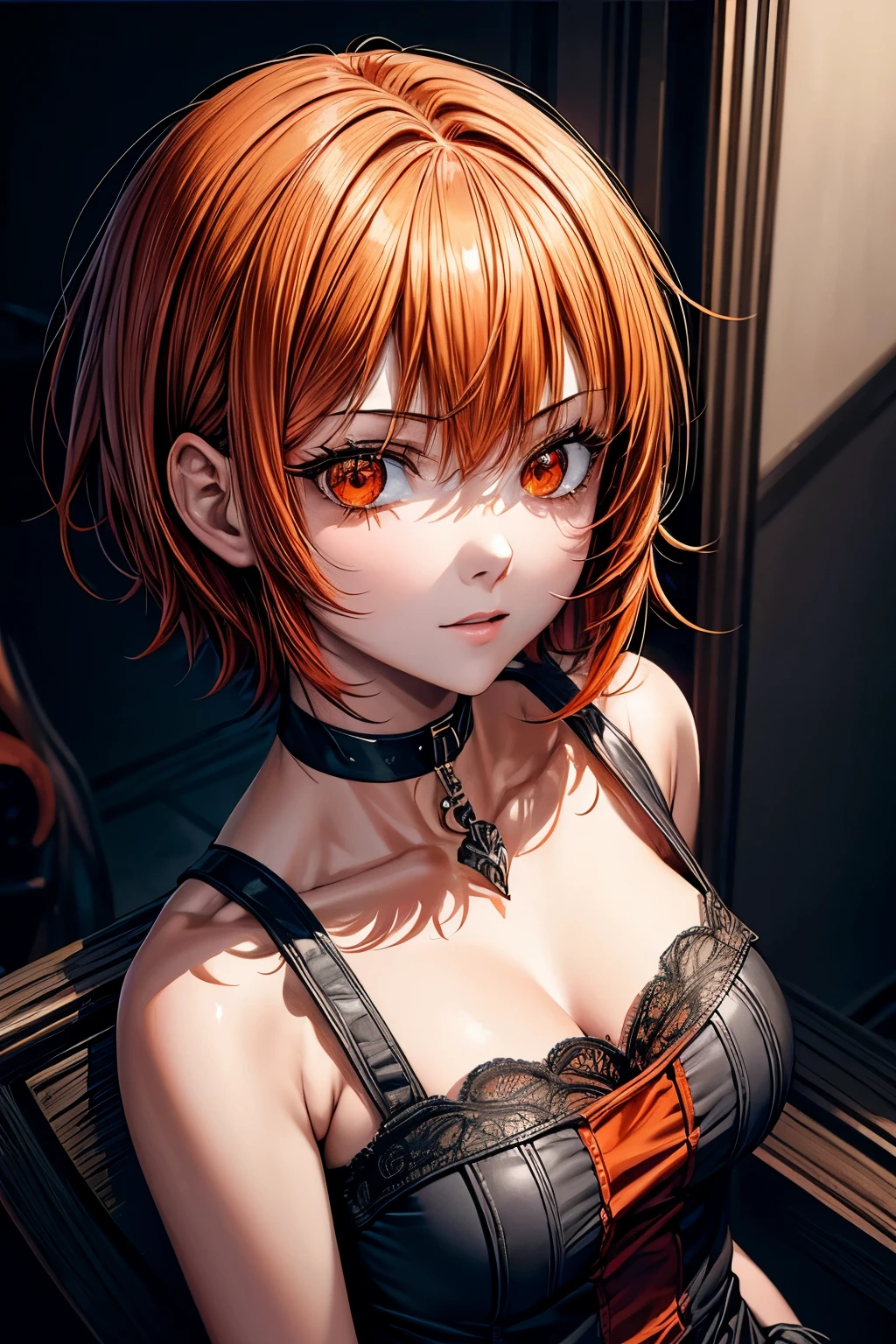 masterpiece, best quality, 1girl, red eyes, orange hair, ((short hair)), ((orange hair)), gothic, choker, slit eyes, face close up,