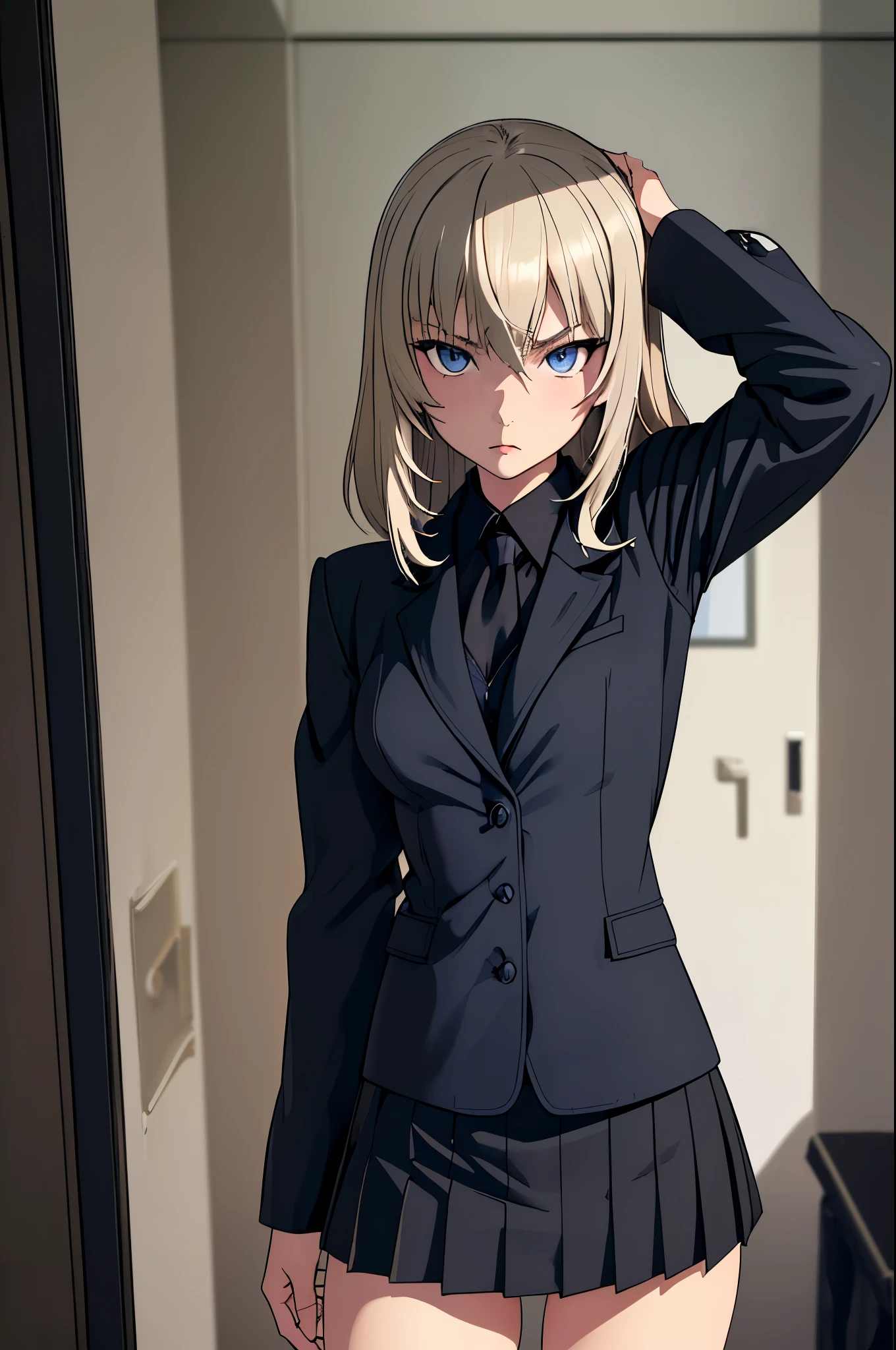 masterpiece, best quality, Itsumi Erika, 1girl, ashen blonde hair, blue eyes, solo, small breasts, black skirt, sexy black underwear, black bra, black jacket, jacket opened, standing frontally to the viewer, pov, looking at viewer, expressionless, whole body can be seen, school locker room, detailed hands, five fingers