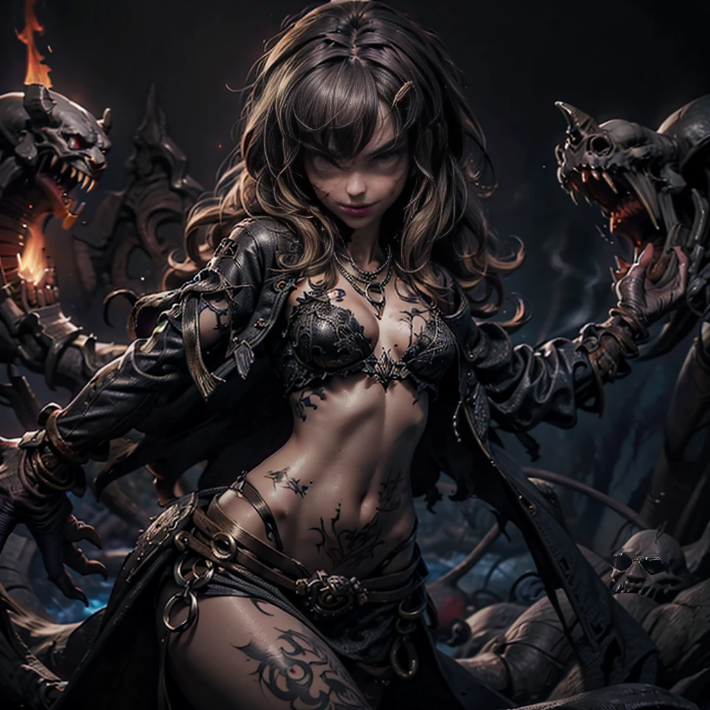 Hellish nigthmare, young female, loincloth, bige necklace, tattoos, bare breast, medium breast, exposed navel, exposed, subtle sexuality, subtle nudity, seductive glance,open her mouth:1.3,sadistic smirk:1.4, monsters, demons, fire, smoke
