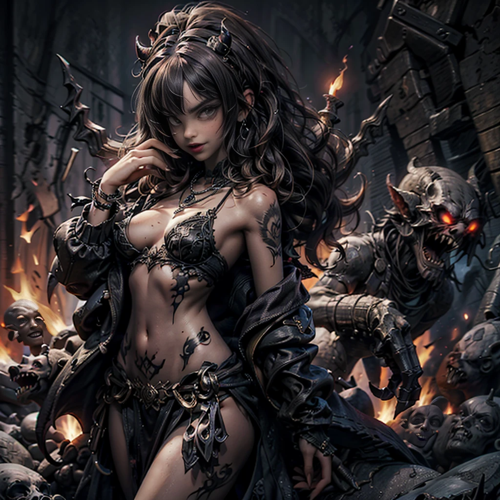 Hellish nigthmare, young female, loincloth, bige necklace, tattoos, bare breast, medium breast, exposed navel, exposed, subtle sexuality, subtle nudity, seductive glance,open her mouth:1.3,sadistic smirk:1.4, monsters, demons, fire, smoke
