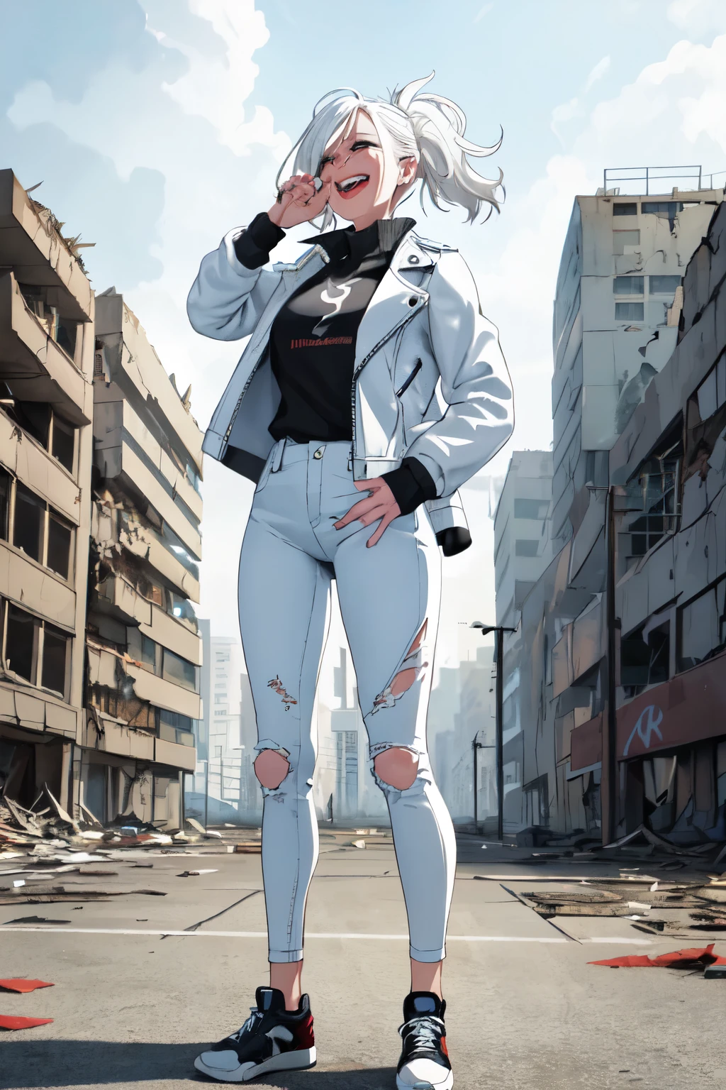 A girl with white hair is wearing a white leather jacket., blue pants and black sneakers. Her hand rises to her lips, holding a cigarette, and she laughs, Standing in a ruined city. Hair fluttering in the wind, and the background is a mixture of destroyed buildings and debris, but despite this she laughs, expressing his strength and courage in the midst of chaos.