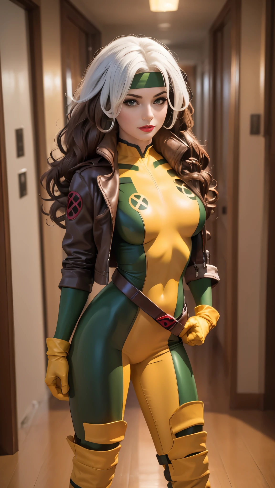 (masterpiece:1.0), (best_quality:1.2), (dark shot:1.3), Classic Rogue, 1991 Rogue X-Men, 1 girl, Only 1, full body shot, facing the viewer, medium length hair, auburn hair, wavy hair, one lock of white hair, green eyes, fit figure, defiant stance, hand on hip, smirking, lips parted, medium breasts, headband, gloves, boots, jacket, belt, red lipstick, heavy makeup, lighting from above, (realism: 1.5), (Realistic: 1.4), (Absurdity:1.4), 8k, ultra-detailed, Detailed Beautiful Woman, very physically fit girl, (background: long dark hallway in a mansion), official art, extremely detailed CG unity 8k wallpaper, very dark lighting, Colorful, ultra high res, photography, 8K, HDR, Kodak portra 400, film grain, blurry background, (bokeh:1.2), film grain:1.2, (warm hue, warm tone:1.2), (color photo), professional photograph