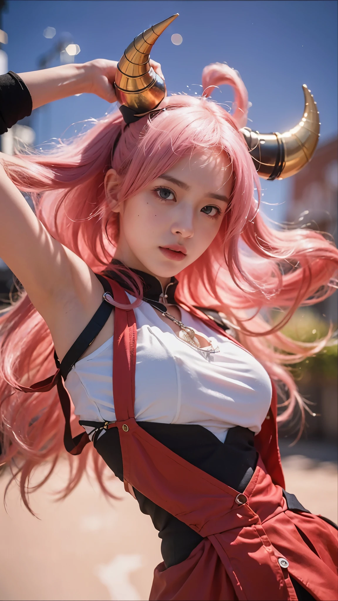 (8k, best quality, masterpiece:1.2), (realistic, photo-realistic:1.37), ultra-detailed, A detailed portrait of 1 girl 18 year old, cute girl, british girl, cute horn style headband, pale skin, perfect body, pink eyes, pink hair. The scene is illuminated with professional lighting, photon mapping, and radiosity, with Tetsuya Nomura Style. Blur bokeh effect, realistic light.
