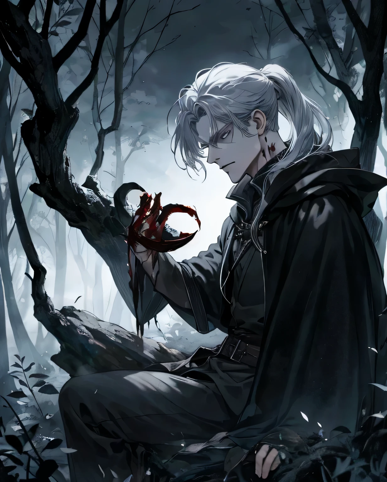 "Create a character design for Keith Watson, an elderly man with short, white hair, sitting under a large, gnarled tree in a dark, eerie forest at night. The setting is moments before his death. Keith's tired green eyes reflect a lifetime of wisdom and hardship. He wears a tattered black cloak over a black suit, both showing signs of wear and battle. His frail hand clutches a bloodied handkerchief as he coughs up blood, his body slumped against the tree. The moonlight barely penetrates the dense canopy, casting a faint, silvery glow on his ashen face. The atmosphere is somber and heavy, with the forest closing in around him, and the mist creeping closer, as if nature itself is witnessing his final moments. His expression is one of acceptance and quiet resignation, ready to embrace his fate."