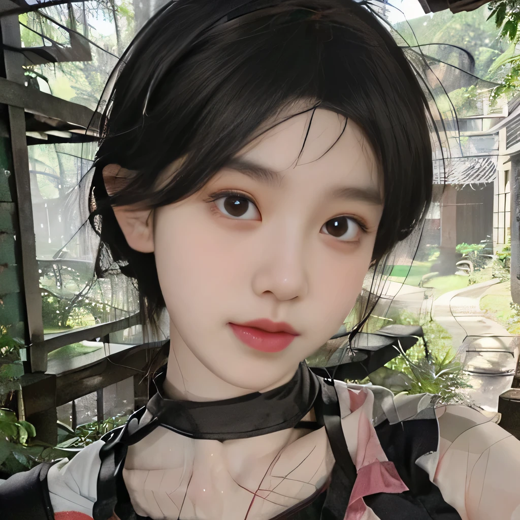 １girl、Kunoichi's costume、in the forest、outside、Background of the Edo period、ninja headband、ninja mask、clear eyes、upper body close-up、clavicle show、
