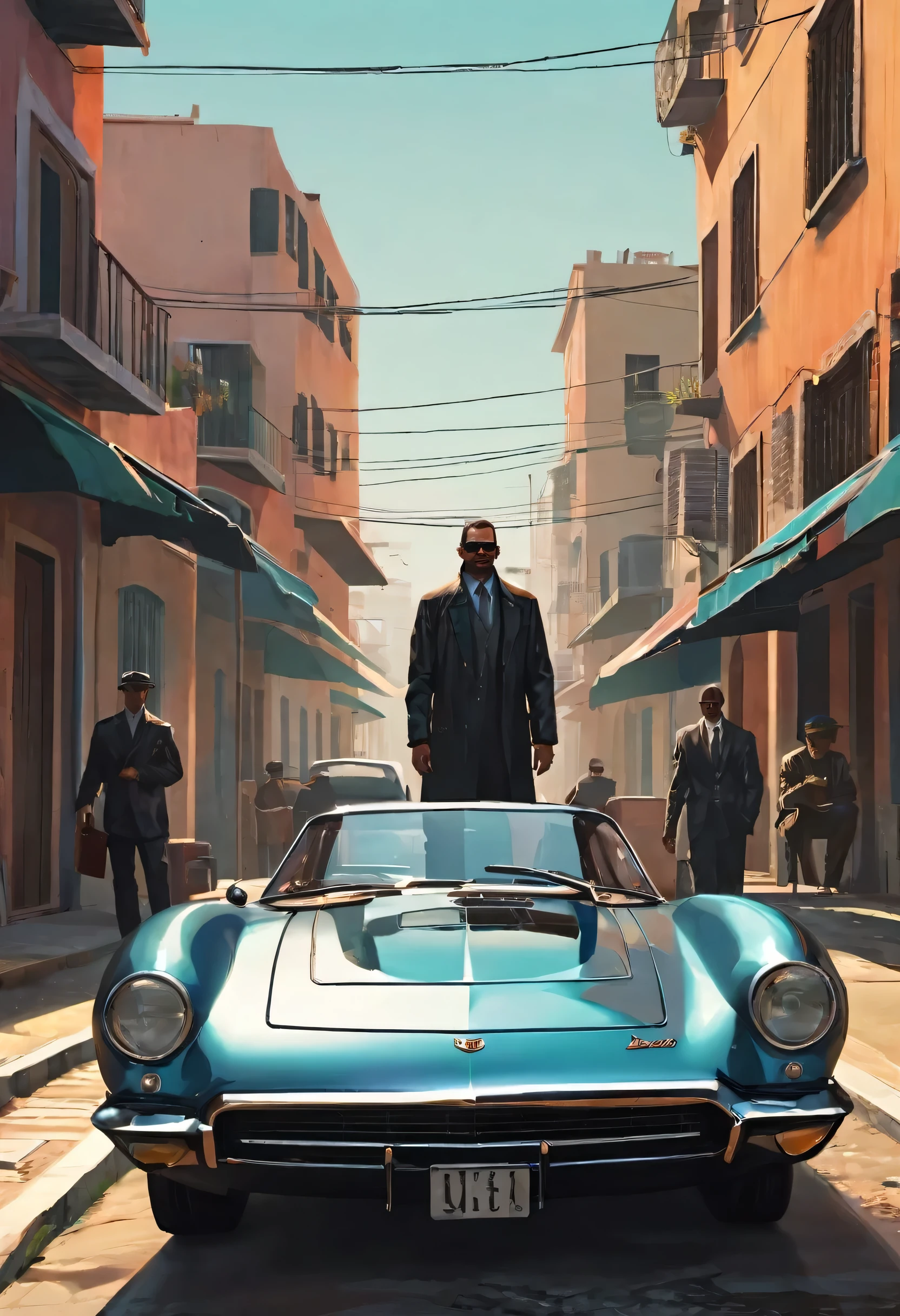 Estilo GTA,chumbo masculino,espingarda, casaco de vento,oculos de sol,O carro,Futuras ruas da cidade,retro art style,sombras e destaques,alto contraste,crime e perigo、Tension and suspense、avant-garde and ralowing reflections、sombrio、evocative composition。(melhor qualidade,4k,8K,high resolution,obra de arte:1.2),ultra-detalhado,(Realista,Sobre Fotoreal,photo-realista:1.37)