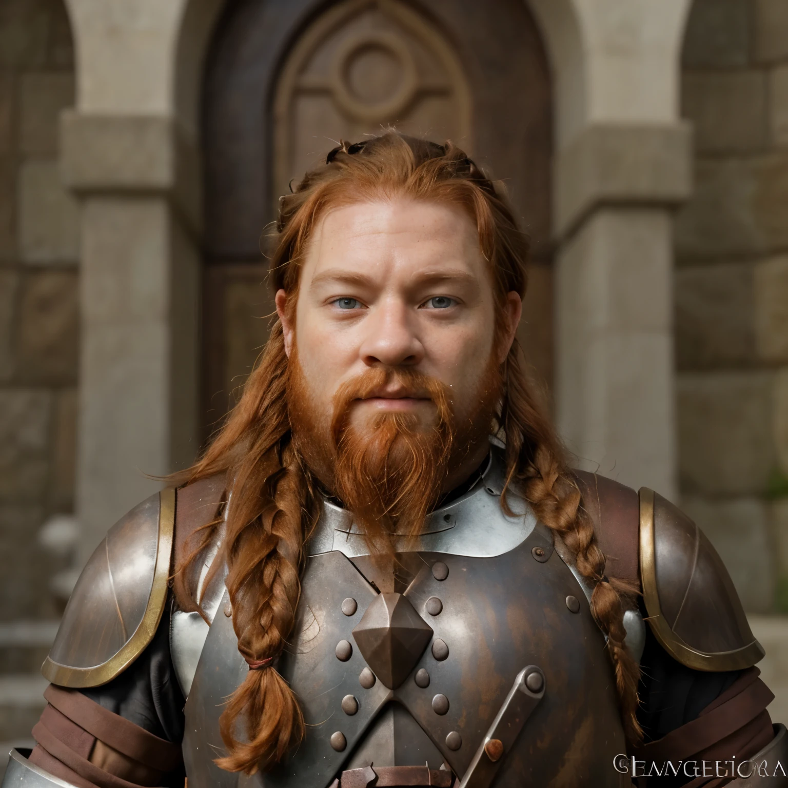 Dwarf, male, brown eyes, reddish ginger hair, light brown skin, braided beard, armor