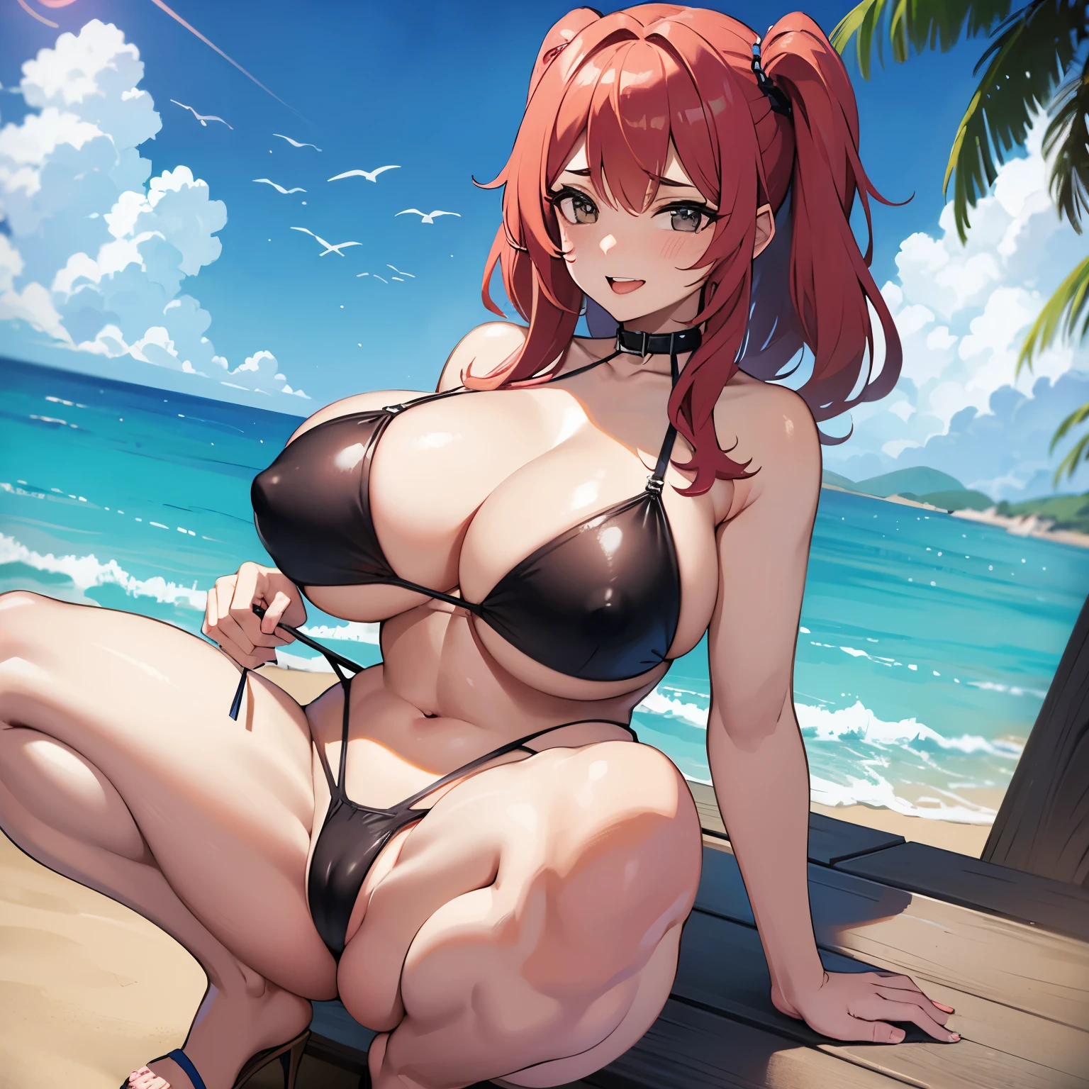 Mujer con tetas grandes en bikini chupando pene