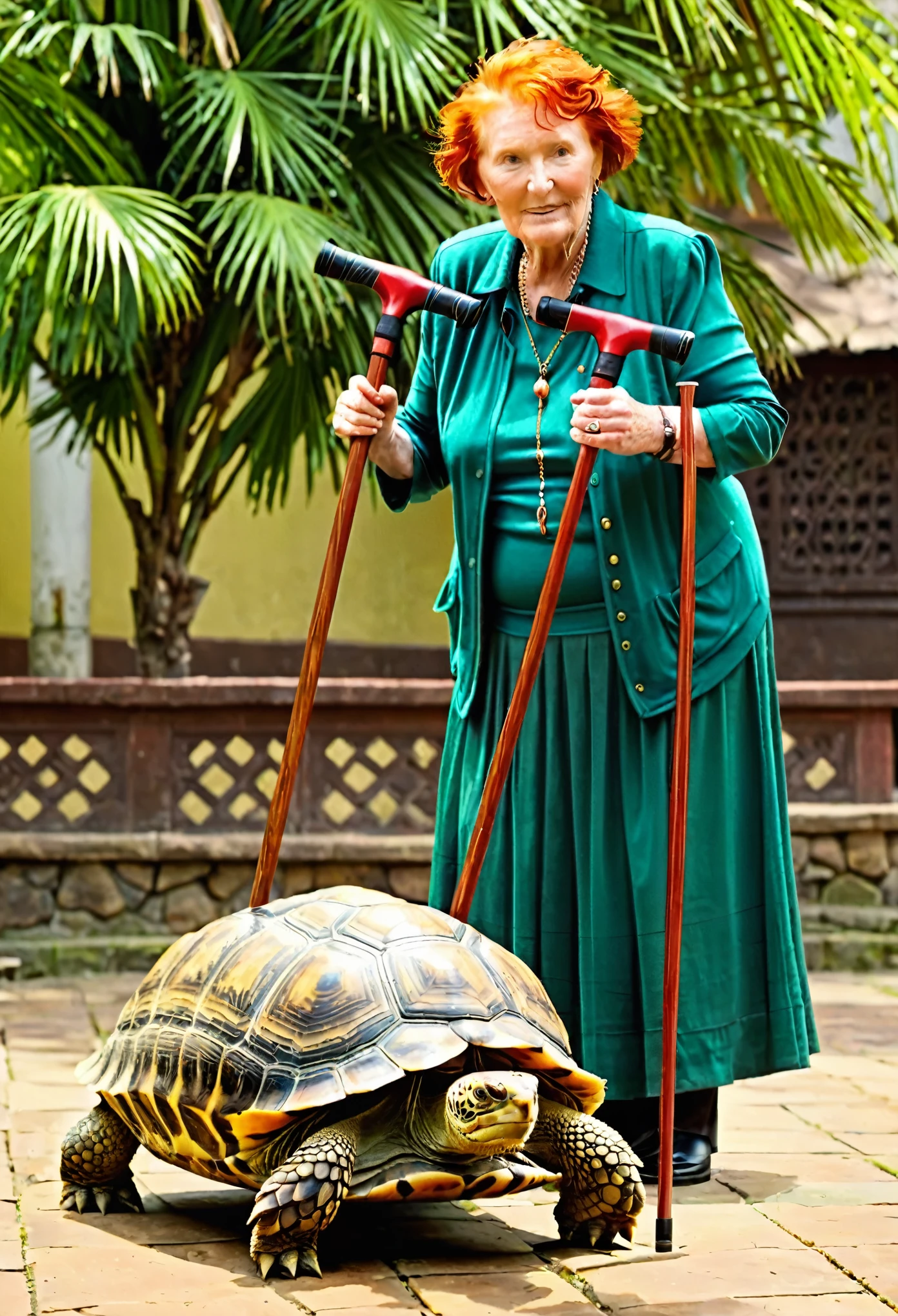 Elderly red-haired woman with two canes standing on top of a tortoise
