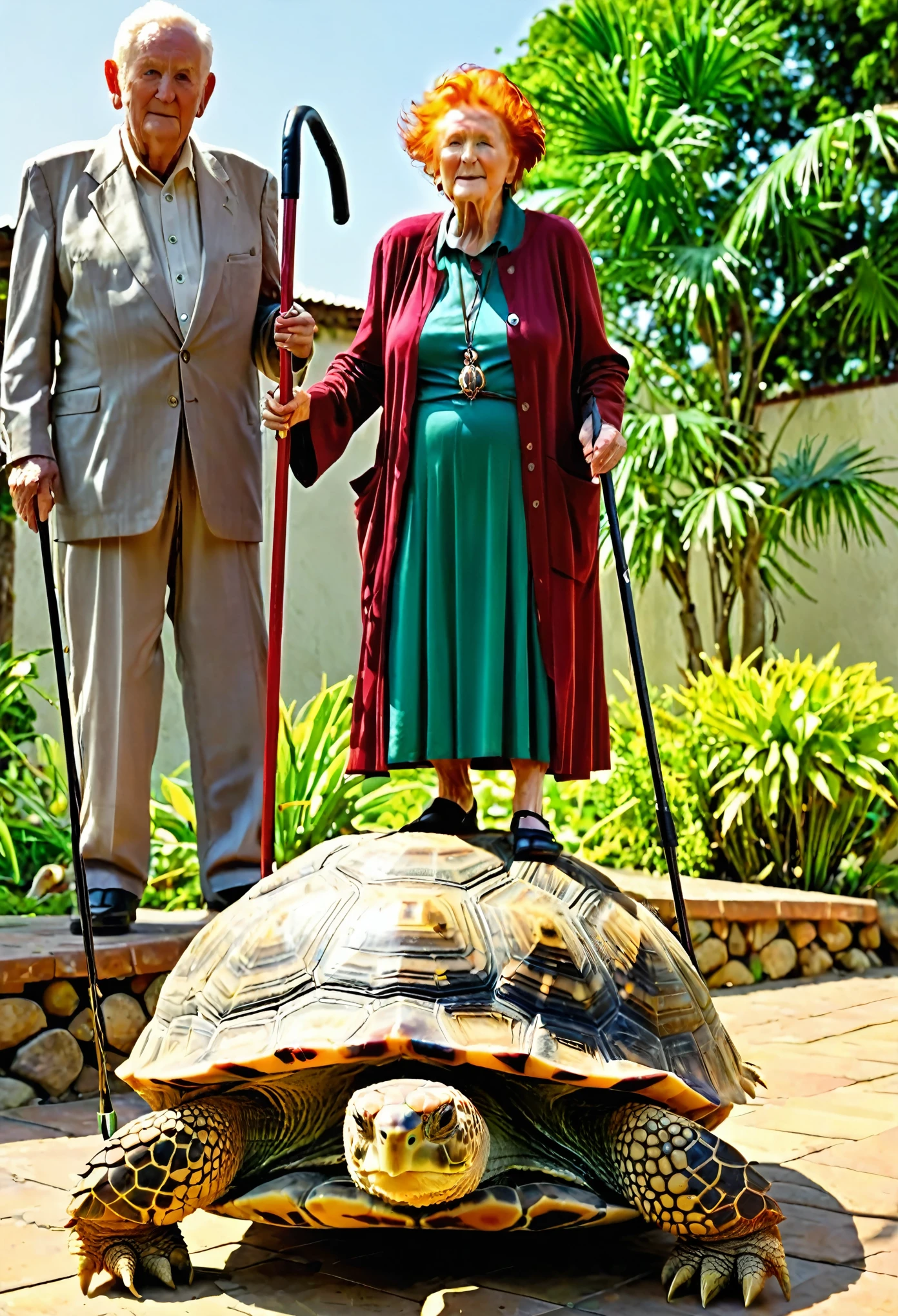 Elderly red-haired woman with two canes standing on top of a tortoise 