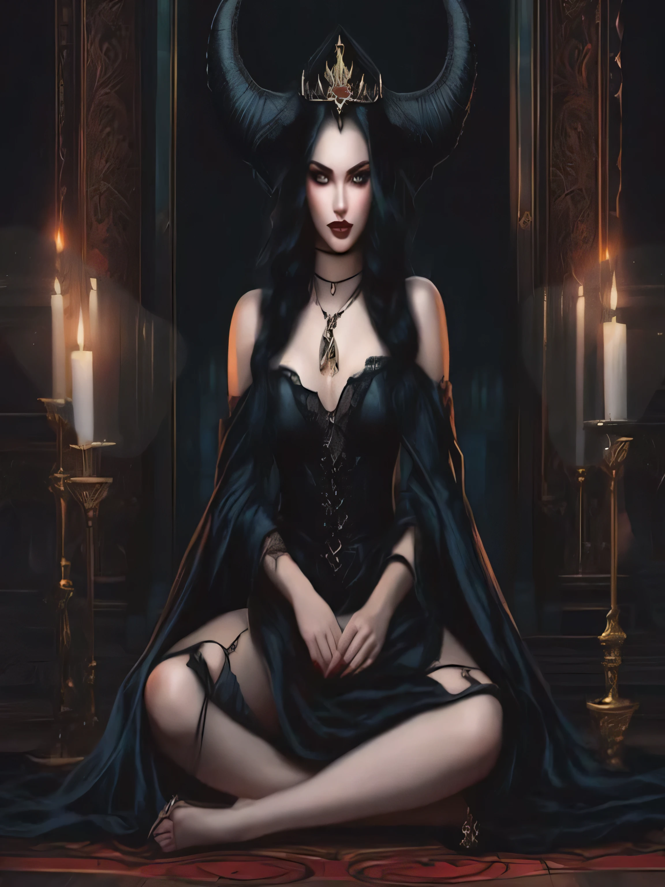 a close up of a woman sitting on the floor with a candle, gothic fantasy art, beautiful and elegant demon queen, beautiful succubus, dark fantasy art, dark fantasy style art, gothic fantasy, dark fantasy art, in art style dark fantasy, beautiful vampire queen, succubuedieval, gothic maiden, gothic art, gothic maiden of the dark, beautiful sorceress, a woman sitting on the floor, gothic fantasy art, dark fantasy art, succubuedieval, dark fantasy style art, in dark fantasy art style, dark fantasy horror art, fantasy woman, ((best quality)), ((masterpiece)), (detailed), ((A VAMPIRE GIRL)), ((PERFECT FACE) ), ((PERFECT BODY)), ((PERFECT HAND)), ((PERFECT EAR)), ((PERFECT NOSE)), ((perfect mouth)), ((THIN)) ((RED HAIR)), ( (HUGE FANS)), ((PERFECT BROWN EYES)), ((LOOK, SEDUCTIVE)) night