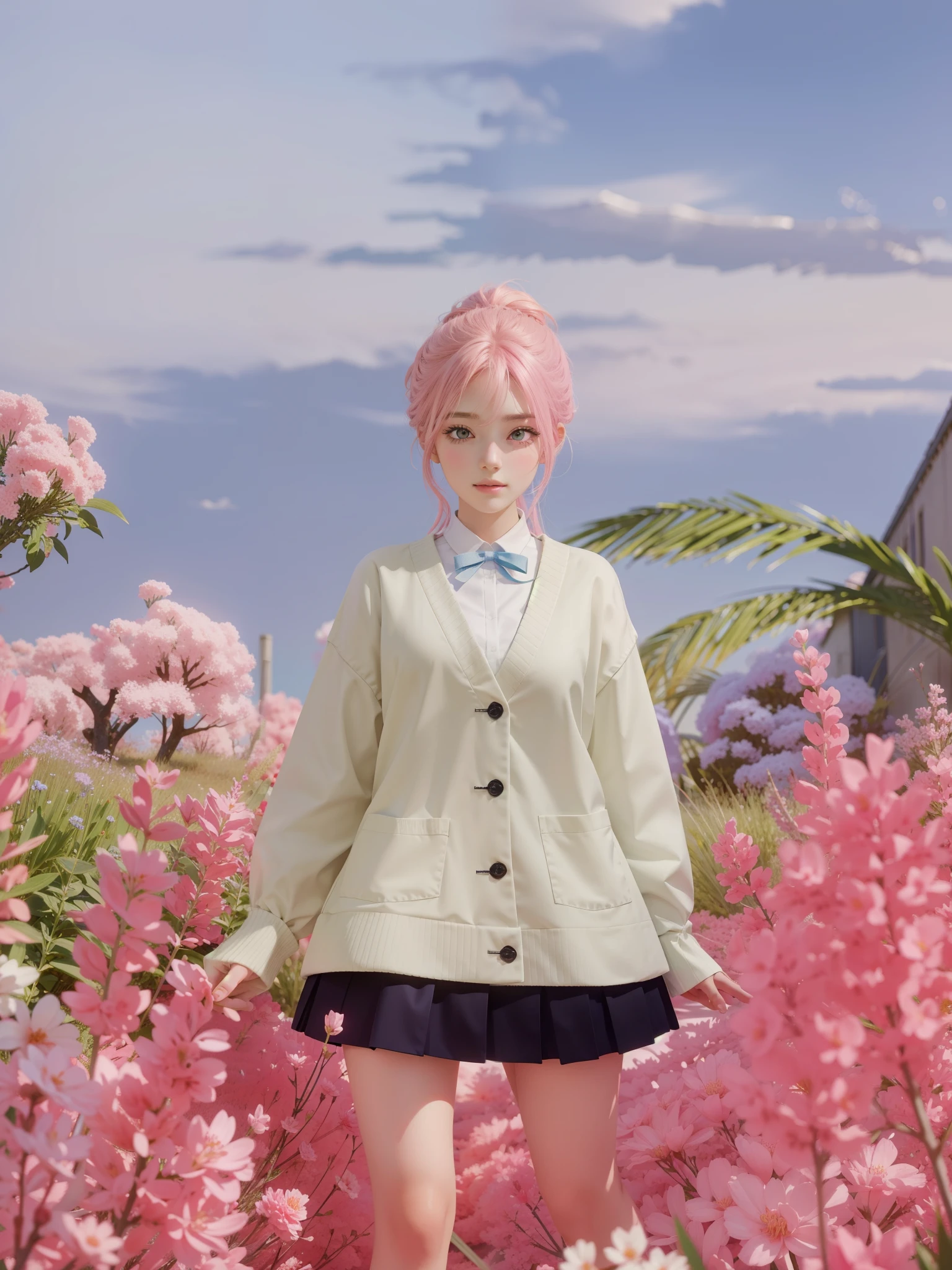 il y a une femme debout dans un champ de fleurs sur fond rose, Uniforme d'student of the'magic school, rendu d'avril, Designed for a warm aesthetic!, render of a mignon 3d anime girl, inspired by Sim Sa-jeong, aux cheveux courts, highly detailed full body, style anime 3D, shikami, 🍂 mignon, style anime 3D réaliste