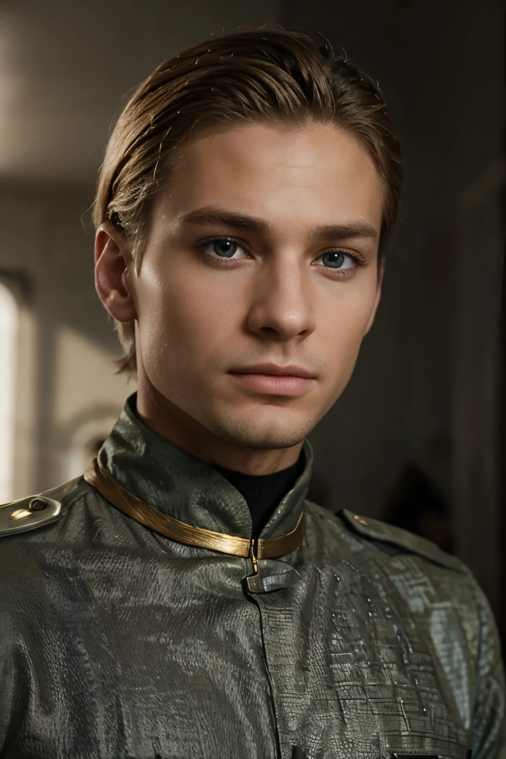 Jeune homme effrayé, 8K, 4K, Super realistic, fermer, visage --soi corps entier militaire,blond,cicatrise bouche