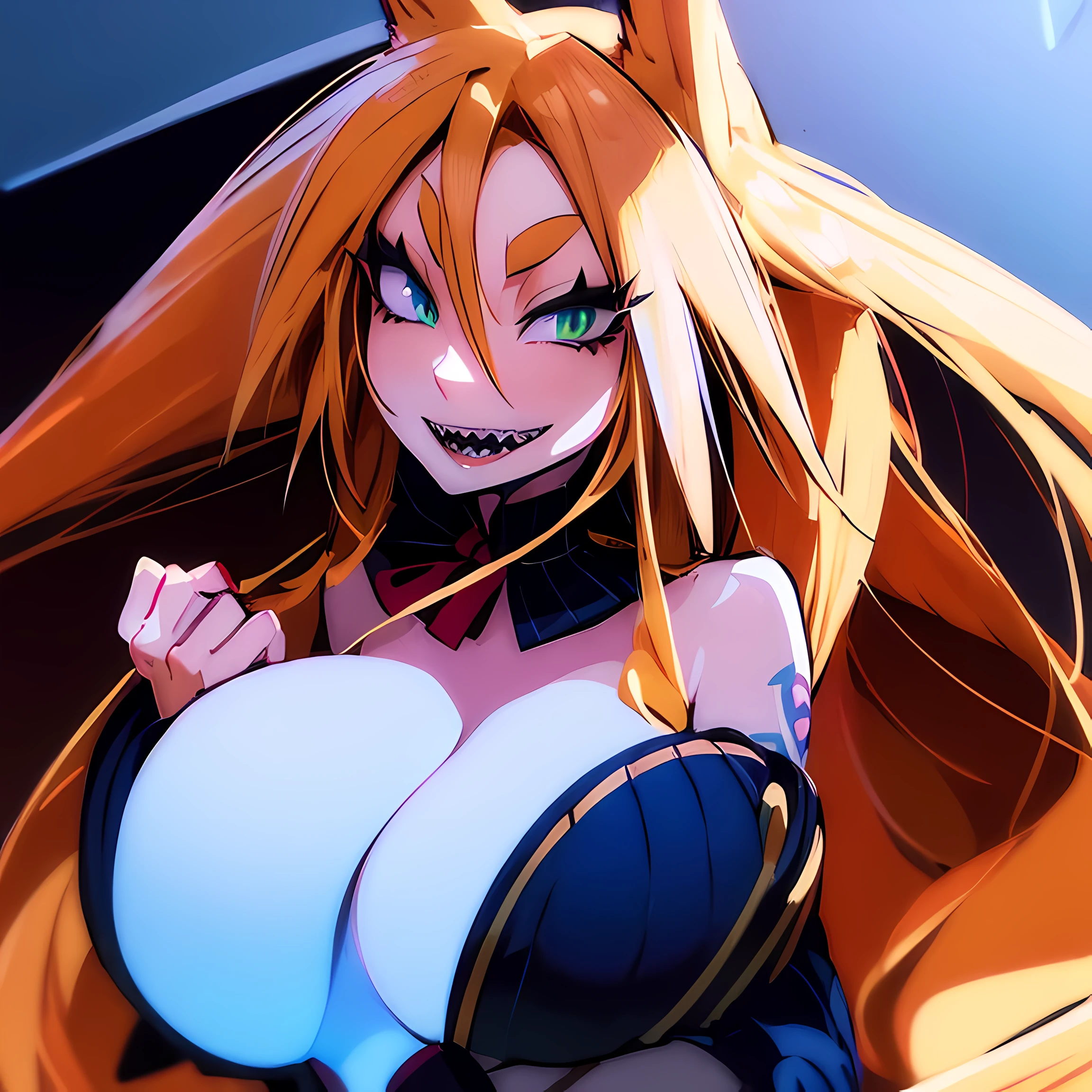 (((Masterpiece))), (((Best Quality: 1.4))), ((Super Detail: 1.4)) ,Metallia, long blond hair, fox ears, twin braids, green eyes, sharp teeth, huge cleavage, huge tits, naked, no clothes, 1girl, solo, sexy, hentai, facing viewer, looking at viewer, smile, open mouth. , hyper detailed face features, expressive face, detailed textures, blue skintone, tattoos, natural skin shader, volumetrics, warm undertones under her skin, ultra High resolution.
