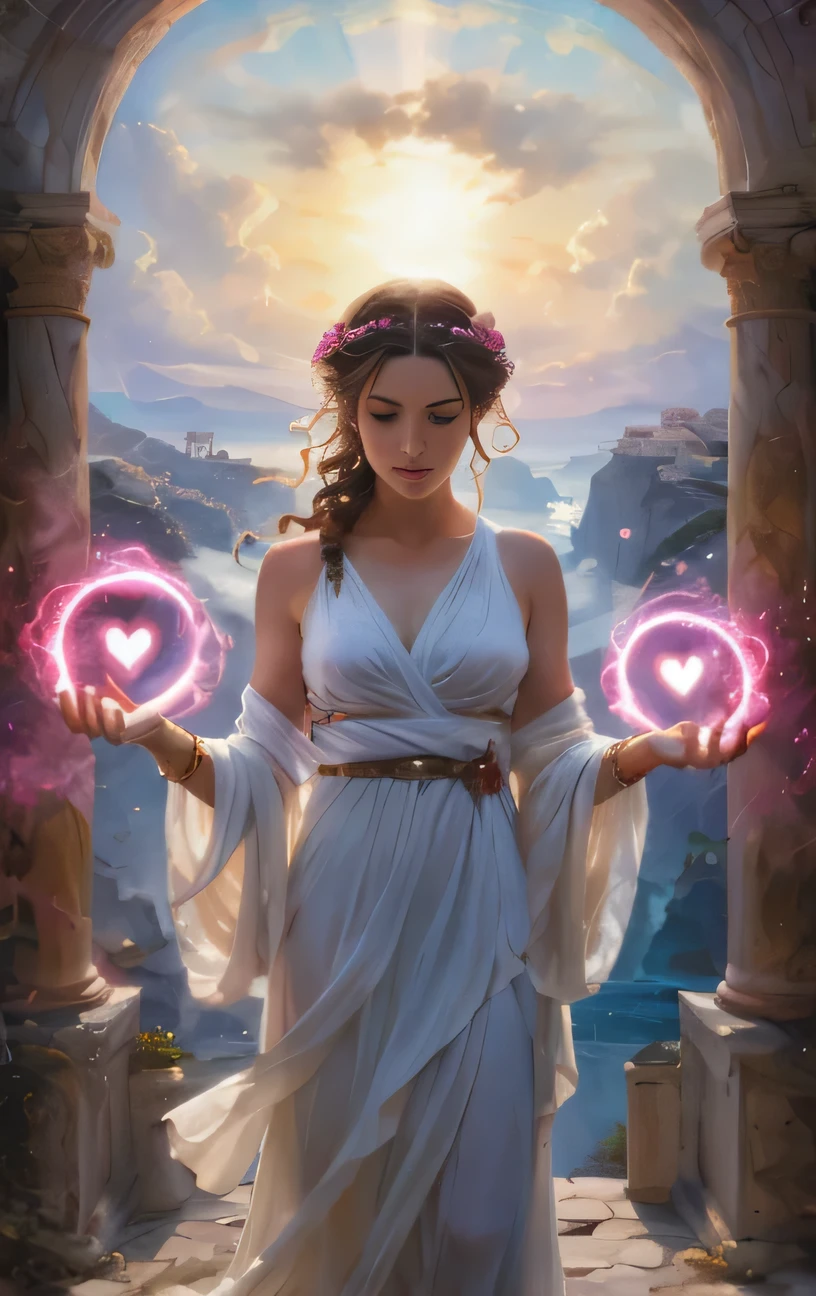 (masterpiece, best quality, high resolution), Ancient Greek goddess Aphrodite wearing a white greek toga, brunette, curly hair, braid, pink spell rings, ((glowing hearts in her hands)), detailed, collectible card art, beautiful maiden, feminine ethereal, 4k