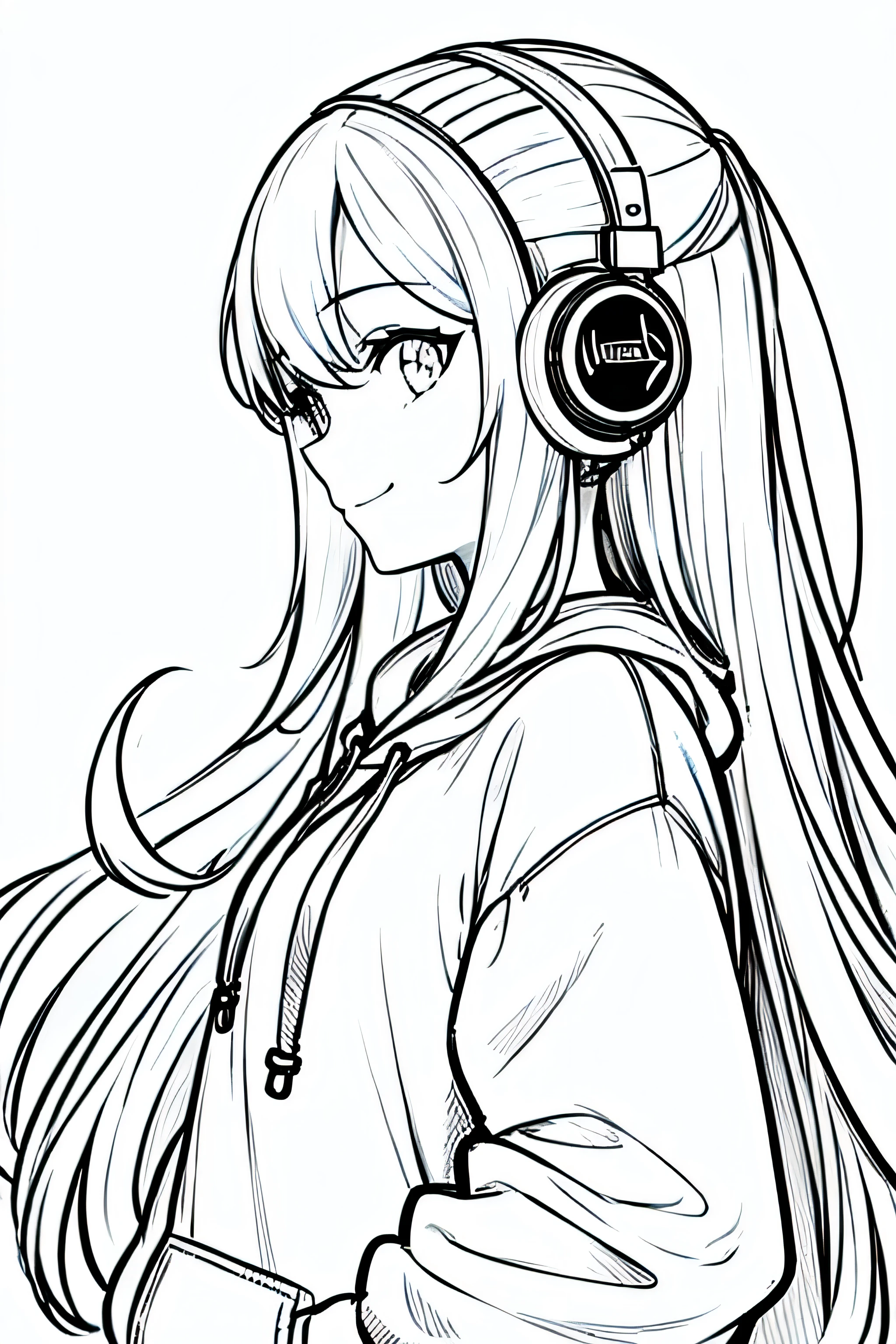 masterpiece, highest quality, highest quality, 1 girl, hoodie, headphone, smile, long hair, close-up of profile, cute, monochrome, white background, line drawing, ((sketch)), clean line drawing, shoot from the front, looking at the viewer