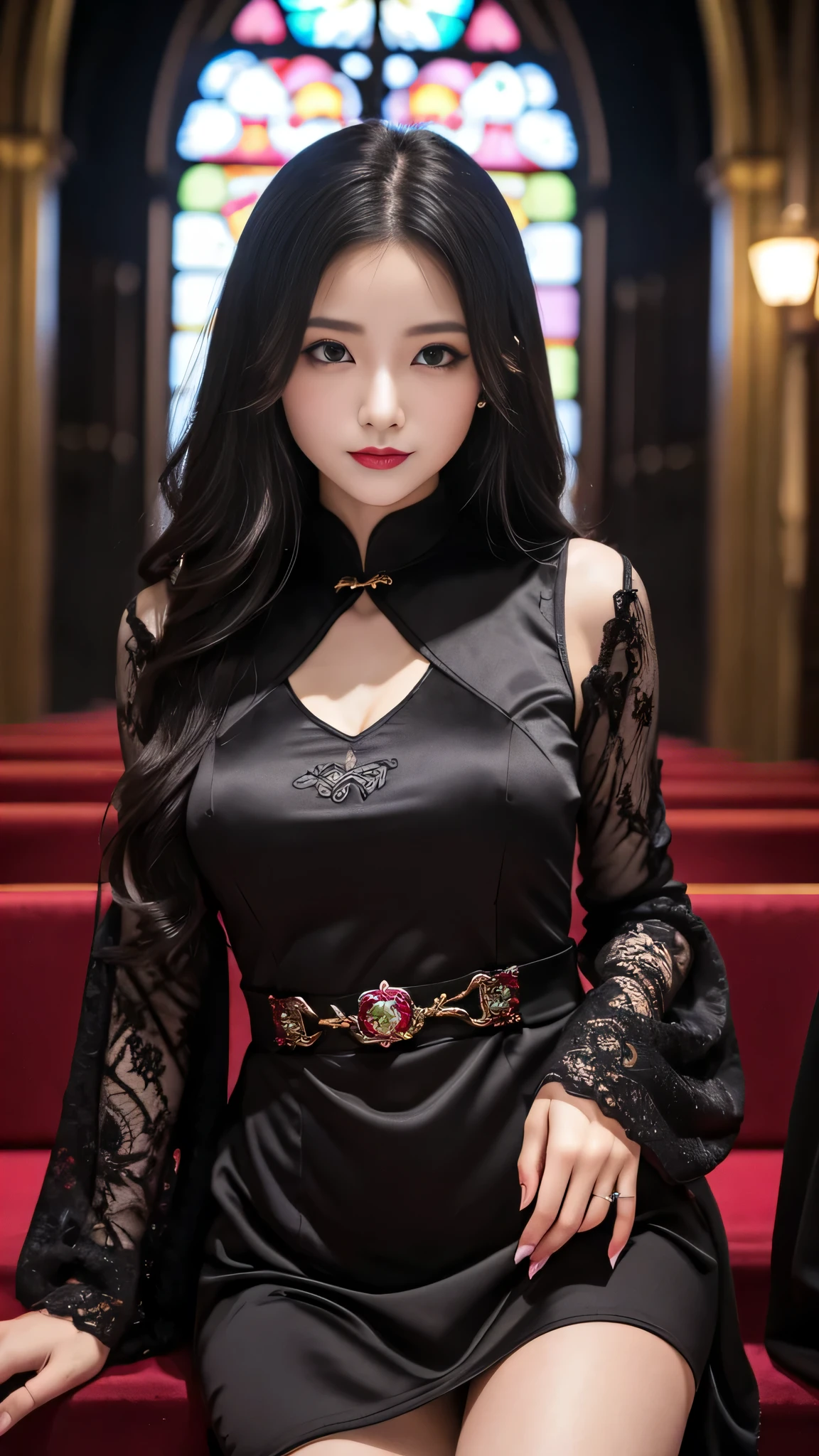 Super detailed、Japanese、charming beauty、seductive adult woman、Beautiful woman、sharp eyes、cool girl、wavy hair、long black cheongsam、wide sleeve、evilの幹部、evil depravity、brainwashing、Mind control、apply lipstick、grin、evilな表情、evil、empty eyes、evil、church at night、vampire、vampire、Hypnosis、puppet