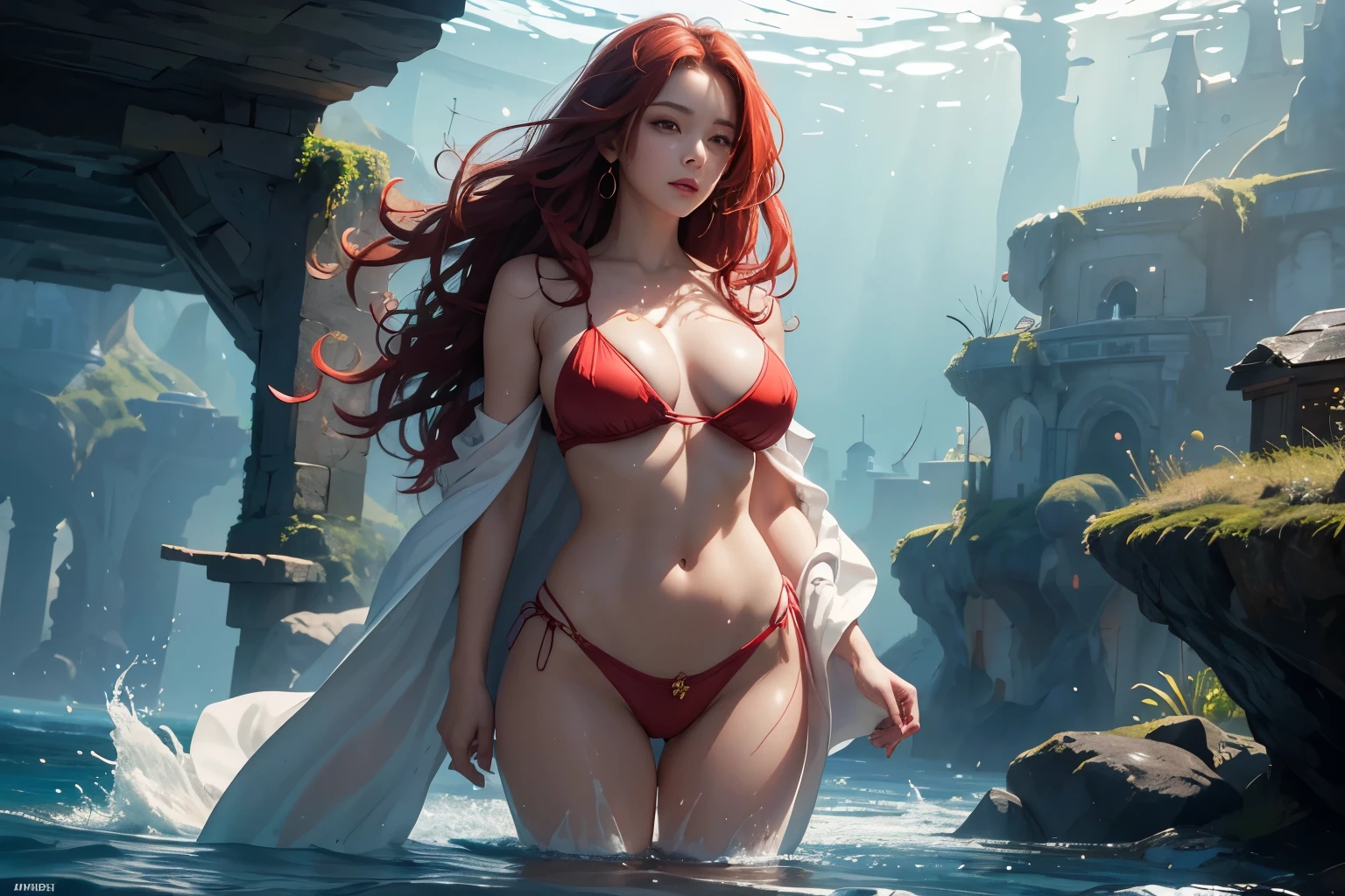 tmasterpiece,Best quality at best,offcial art, Natural skin texture, Hyper-realism, softlighting,8K_Wallpapers,Beautiful Meticulous Girl, looking at viewert,, Huge breasts，Long coat，standing in water，wet,drenched all over the body, Unbuttoned, full bodyesbian, Below the deep sea，The water on both sides is a hundred meters high，The scene is very spectacular，atlantean，sexy beauty，Slim figure，exquisite facial features，Red long-haired，curlies，Big chest，light toned，Colorful beautiful coral，Happy expression