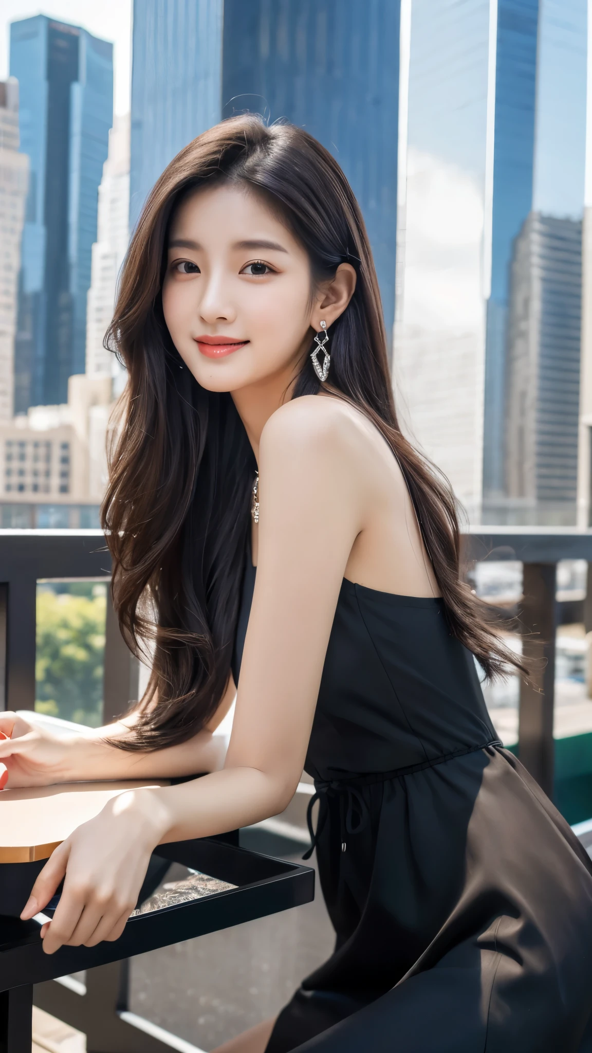 (table top,masterpiece,highest quality), Amazing photos of Korean girl models, whole body, 8k, RAW photo, looking at the viewer, (highly detailed skin:1.2), Because I'm slender, black hair, (realistic:1.4), white long dress, alone, jewelry, earrings, (looking at the viewer), long hair, brown eyes, portrait, realistic, smile, compensate, cityscape