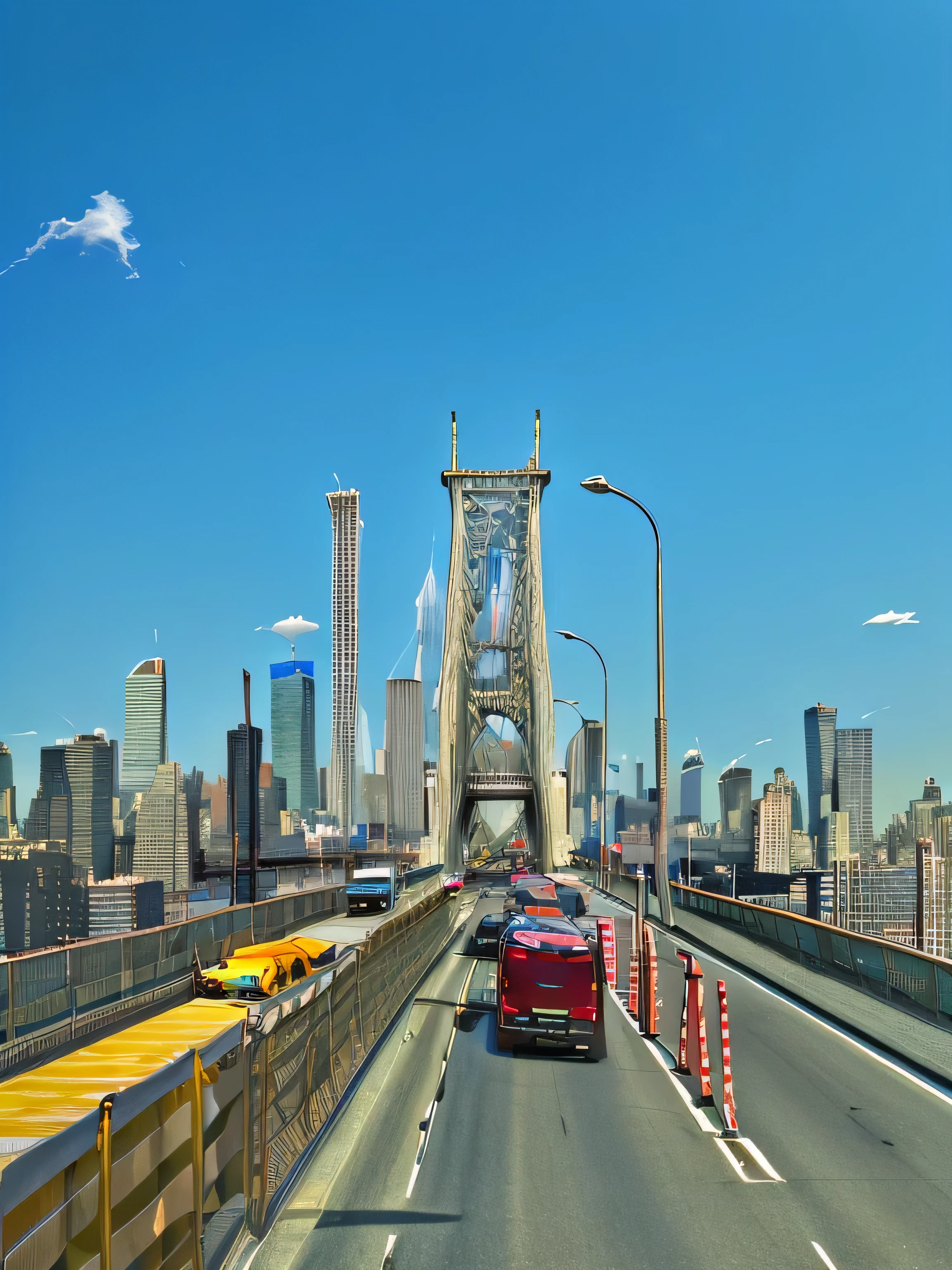 realistic and perfect daytime view of the Queensboro Bridge, clouds in the sky realism