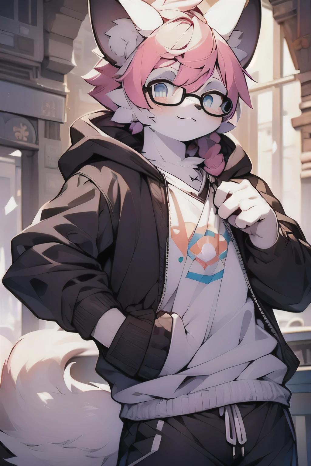 Siamese cat，male，pink hair，blue eyes，hairy的尾巴，Pure white figure，Smile，charming，hairy，Wear a black hoodie，wear glasses，blush，alone，Customize，white ears，high detail，charming，More granular，masterpiece, high quality,whole body，standing posture，face camera，black shorts，Pink pads