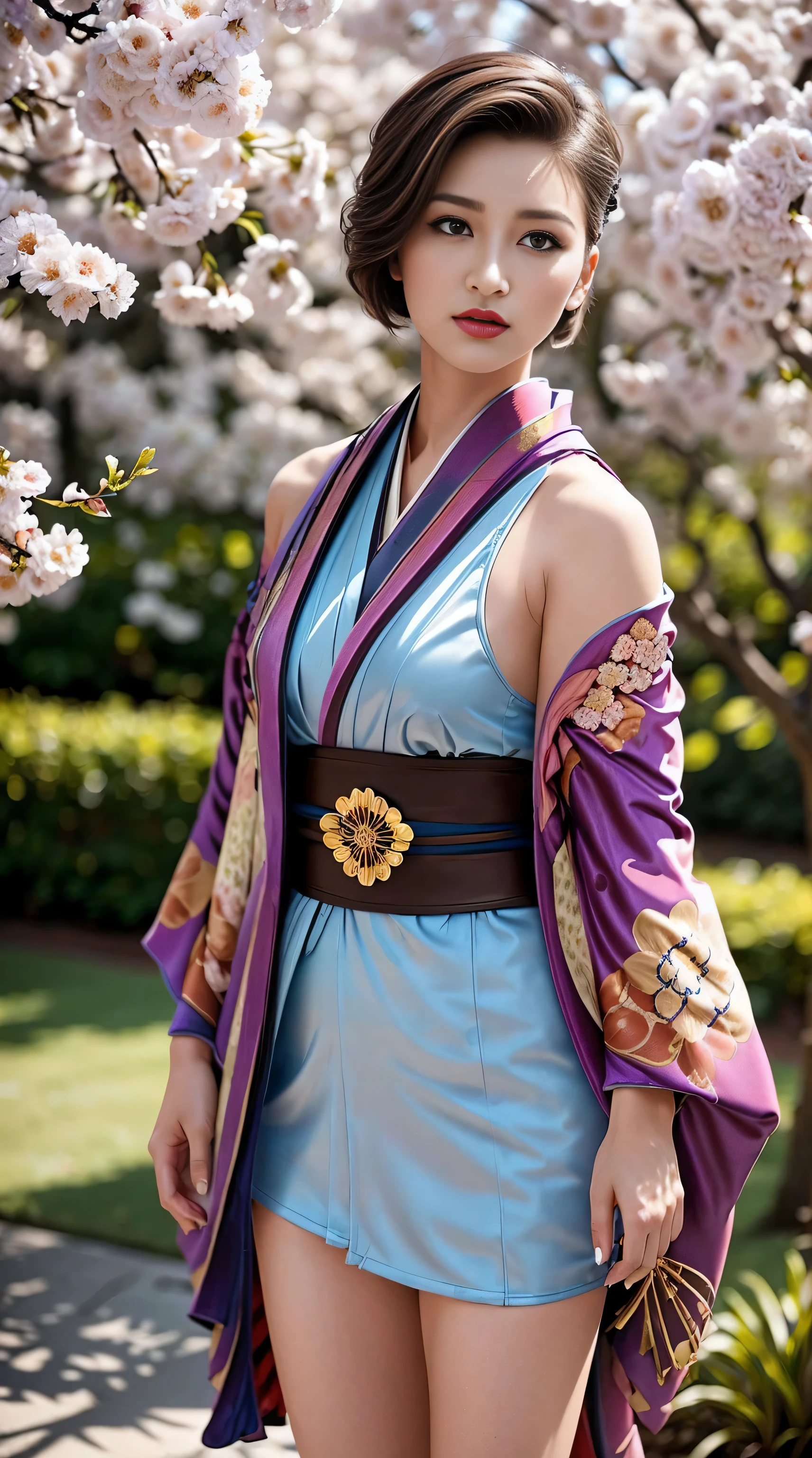 (High resolution), (the most absurd quality), (high quality), (masterpiece),((girl 18-year-old)) ),fashion supermodel,(best high quality real texture skin:1.3),((ebony skin female:1.2)),(best quality texture hair:1.4),BREAK,((short blonde hair ((slicked to the side)) extremely detailed:1.3)),((outside,an orchard of blooming cherry trees:1.3)),(sharp focus),(highest resolution),soft neon lighting on the face and body,(perfect proportions),(anatomically correct),(perfect female body:1.4),(Super beautiful body),(firm normal full breasts:1.3),(narrow waist:1.3),small ass,slim face,beautiful cheekbones,slim belly: 1.3,((slim,swell-muscled body:1.24)),(Super beautiful face),(realistic face),(highly detailed face:1.5),black_eyeshadow,(ultra detailed eyes), finely detailed face,finely quality eyes,(tired and sleepy and satisfied:0.0),realistic eyes,perfect round eyes,finely detailed pupils,(brown_eyes:1.28),BREAK,detailed lips:1.3,(red_lipstick:1.18),(Detailed nose:1.2),BREAK,((super extravagant ((cut kimono cute)) wear:1.43)),small head:1.4,BREAK,makeup:1.22,dynamic pose,BREAK,((silked skirt,(tiny skirt:1.34),no_panties,curvy),(short skirt wrapped at the hips),/(random u%u top:1.13),/exquisite balance of shadows,perfect composition,((shot above the knee:1.3)),(((look at the viewer))),(from below:1.2),((show high exposed thighs:1.3)),Hasselblad, 85mm f/4.0