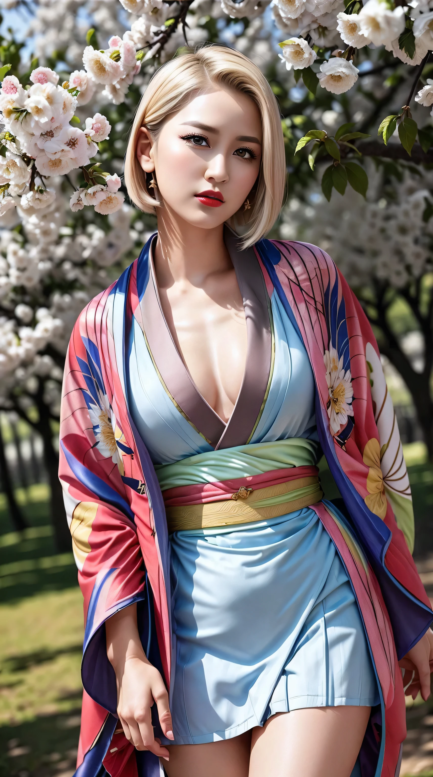 (High resolution), (the most absurd quality), (high quality), (masterpiece),((girl 18-year-old)) ),fashion supermodel,(best high quality real texture skin:1.3),((ebony skin female:1.2)),(best quality texture hair:1.4),BREAK,((short blonde hair ((slicked to the side)) extremely detailed:1.3)),((outside,an orchard of blooming cherry trees:1.3)),(sharp focus),(highest resolution),soft neon lighting on the face and body,(perfect proportions),(anatomically correct),(perfect female body:1.4),(Super beautiful body),(firm normal full breasts:1.3),(narrow waist:1.3),small ass,slim face,beautiful cheekbones,slim belly: 1.3,((slim,swell-muscled body:1.24)),(Super beautiful face),(realistic face),(highly detailed face:1.5),black_eyeshadow,(ultra detailed eyes), finely detailed face,finely quality eyes,(tired and sleepy and satisfied:0.0),realistic eyes,perfect round eyes,finely detailed pupils,(brown_eyes:1.28),BREAK,detailed lips:1.3,(red_lipstick:1.18),(Detailed nose:1.2),BREAK,((super extravagant ((cut kimono cute)) wear:1.43)),small head:1.4,BREAK,makeup:1.22,dynamic pose,BREAK,((silked skirt,(tiny skirt:1.34),no_panties,curvy),(short skirt wrapped at the hips),/(random u%u top:1.13),/exquisite balance of shadows,perfect composition,((shot above the knee:1.3)),(((look at the viewer))),(from below:1.2),((show high exposed thighs:1.3)),Hasselblad, 85mm f/4.0