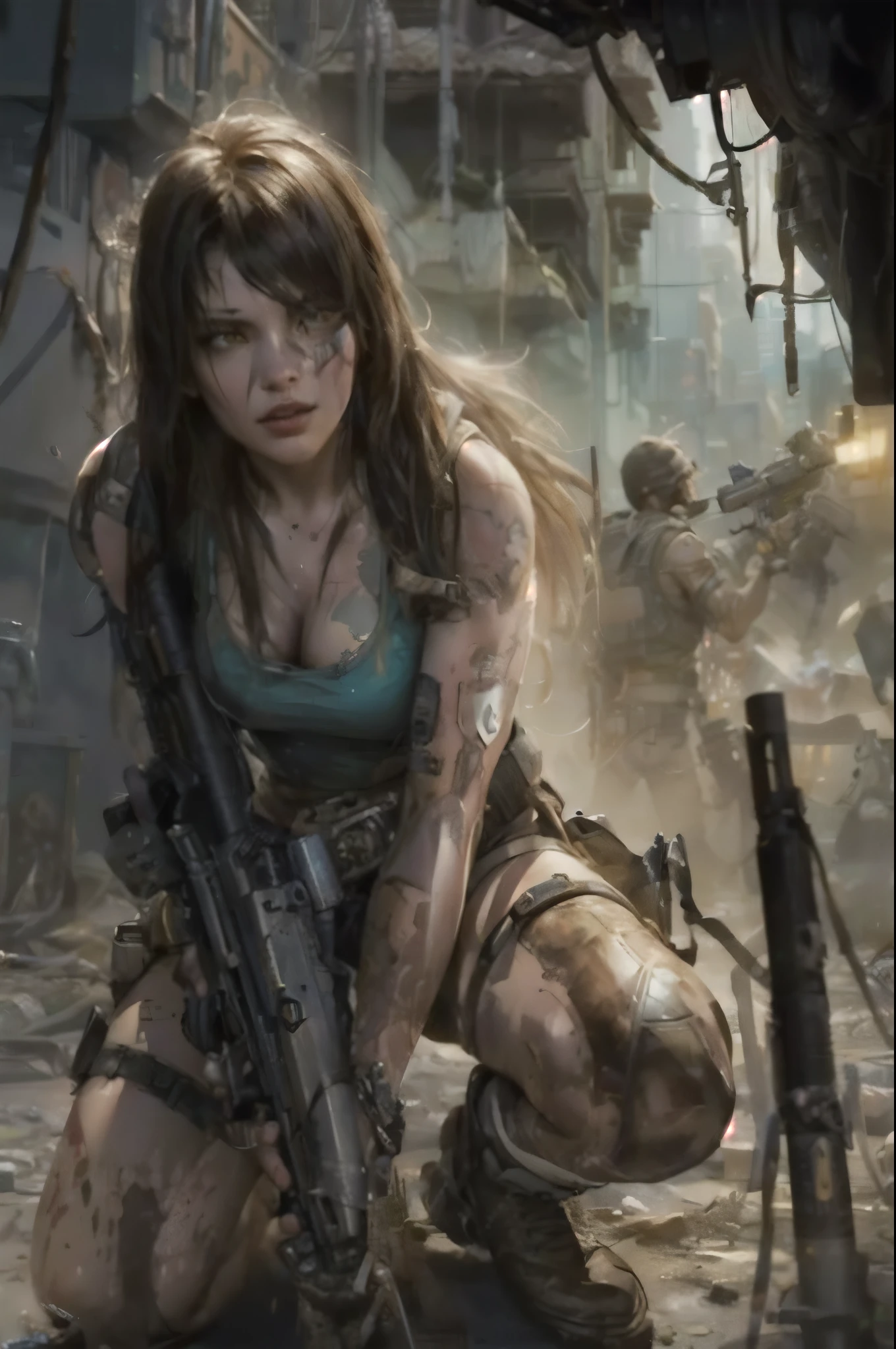 a close up of a woman kneeling down with a gun, by Ryan Barger, mechanized soldier girl, cyberpunk judy alvarez, inspired by Ryan Barger, lara croft, by Jeremy Chong, wojtek fus, portrait of lara croft, cyberpunk girl, inspired by Leng Mei, artgerm craig mullins, seductive cyberpunk dark fantasy, style of raymond swanland
