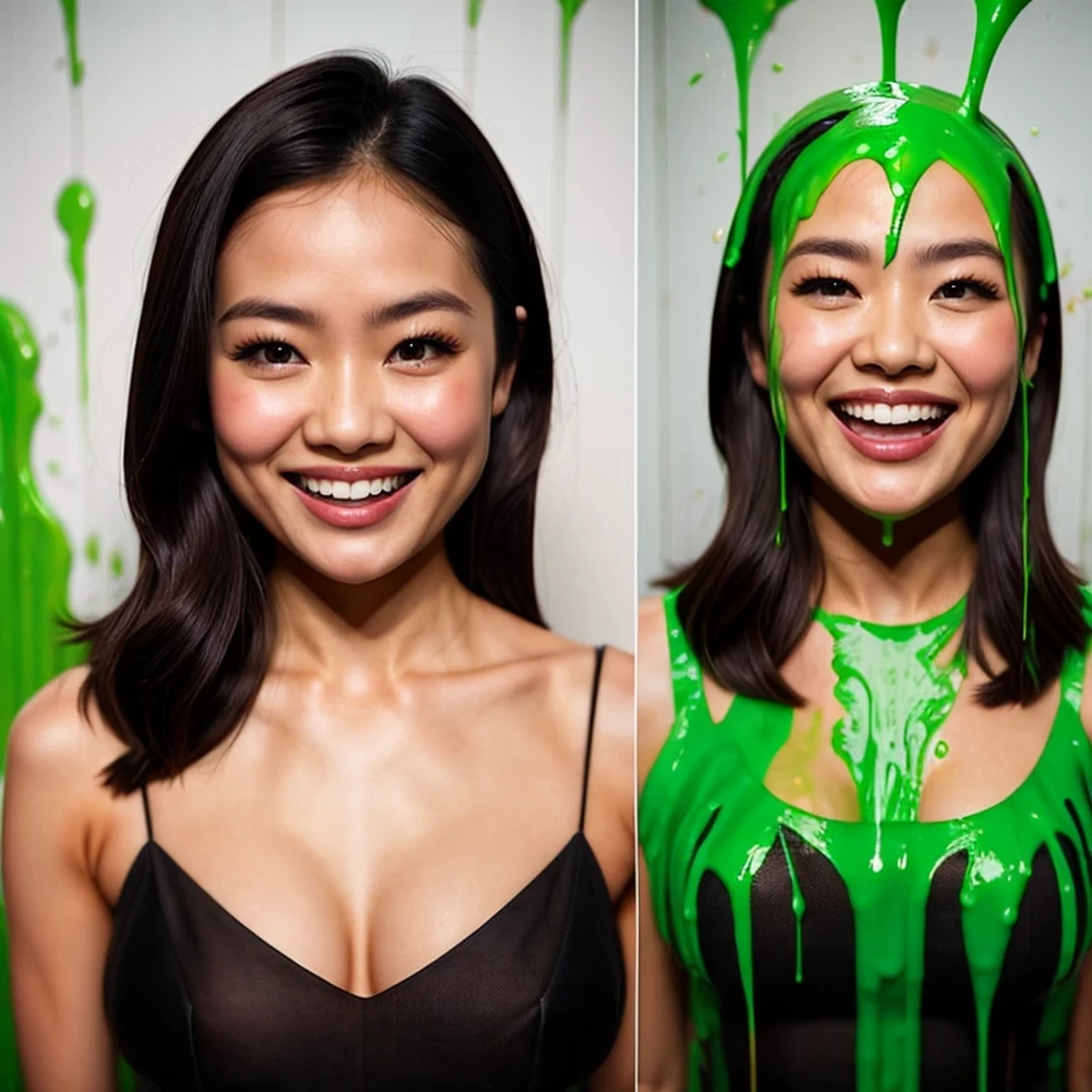 before and after photograph, asian woman, wearing black dress. Before: She is clean, smiling. After: covered in green slime, she is laughing